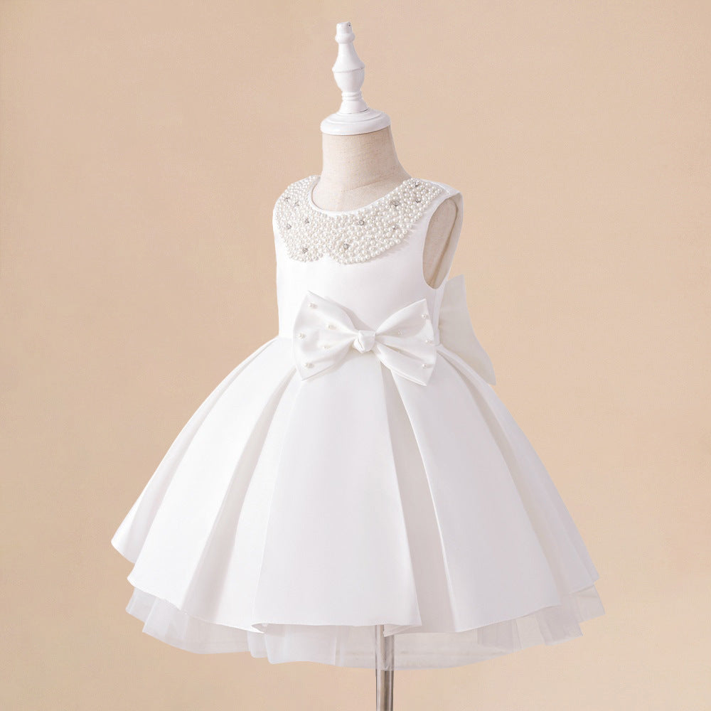 White Satin A-Line Flower Girl Dress with Bow & Sequins for Girls 3-8 Years