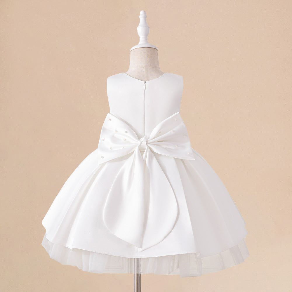White Satin A-Line Flower Girl Dress with Bow & Sequins for Girls 3-8 Years