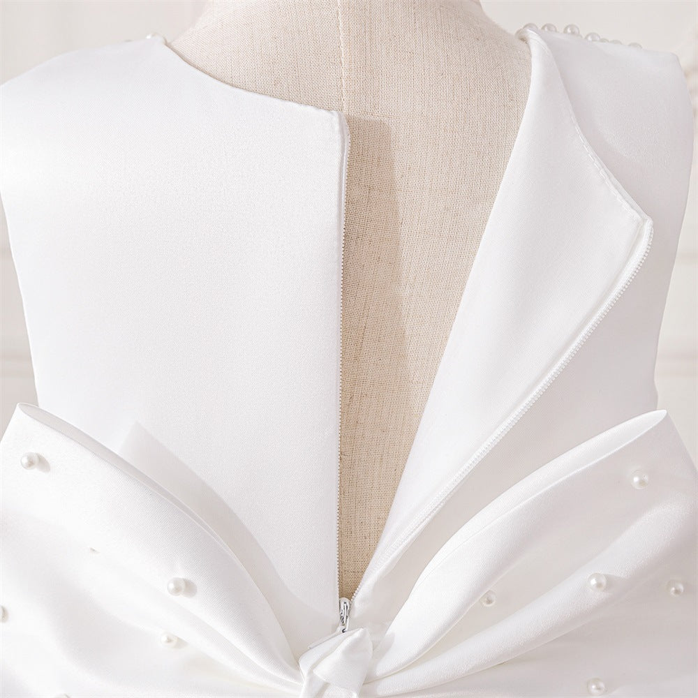 White Satin A-Line Flower Girl Dress with Bow & Sequins for Girls 3-8 Years