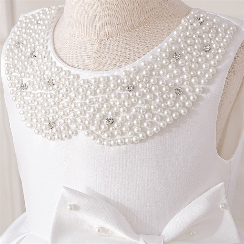 White Satin A-Line Flower Girl Dress with Bow & Sequins for Girls 3-8 Years