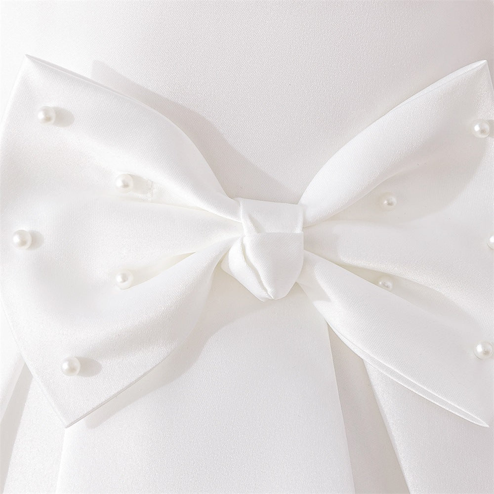 White Satin A-Line Flower Girl Dress with Bow & Sequins for Girls 3-8 Years