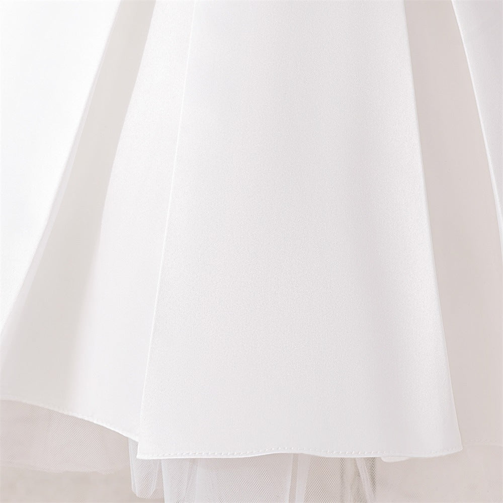 White Satin A-Line Flower Girl Dress with Bow & Sequins for Girls 3-8 Years