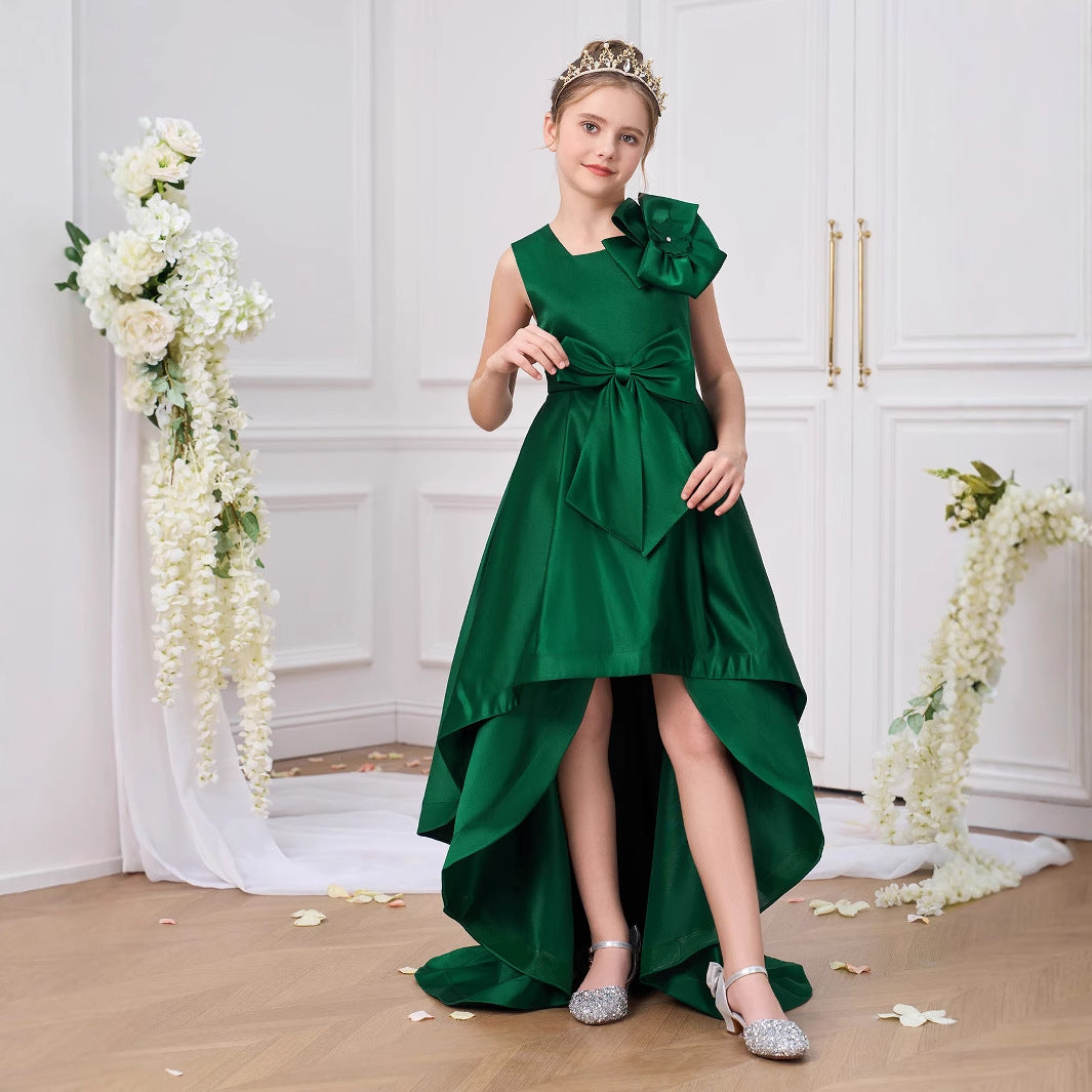 Dark Green A-Line Satin Bowknot Dress with Train for Girls | Party, Wedding, Formal