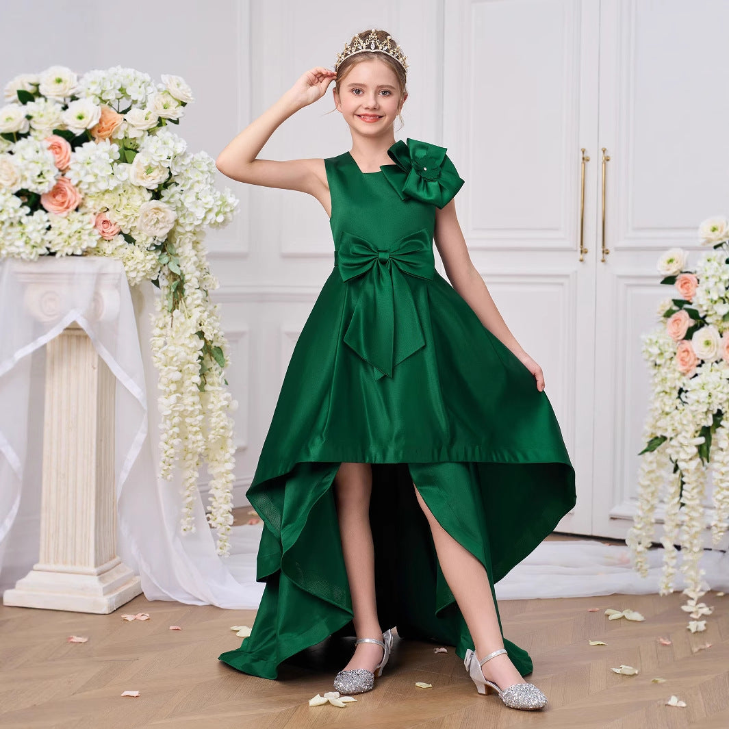 Dark Green A-Line Satin Bowknot Dress with Train for Girls | Party, Wedding, Formal