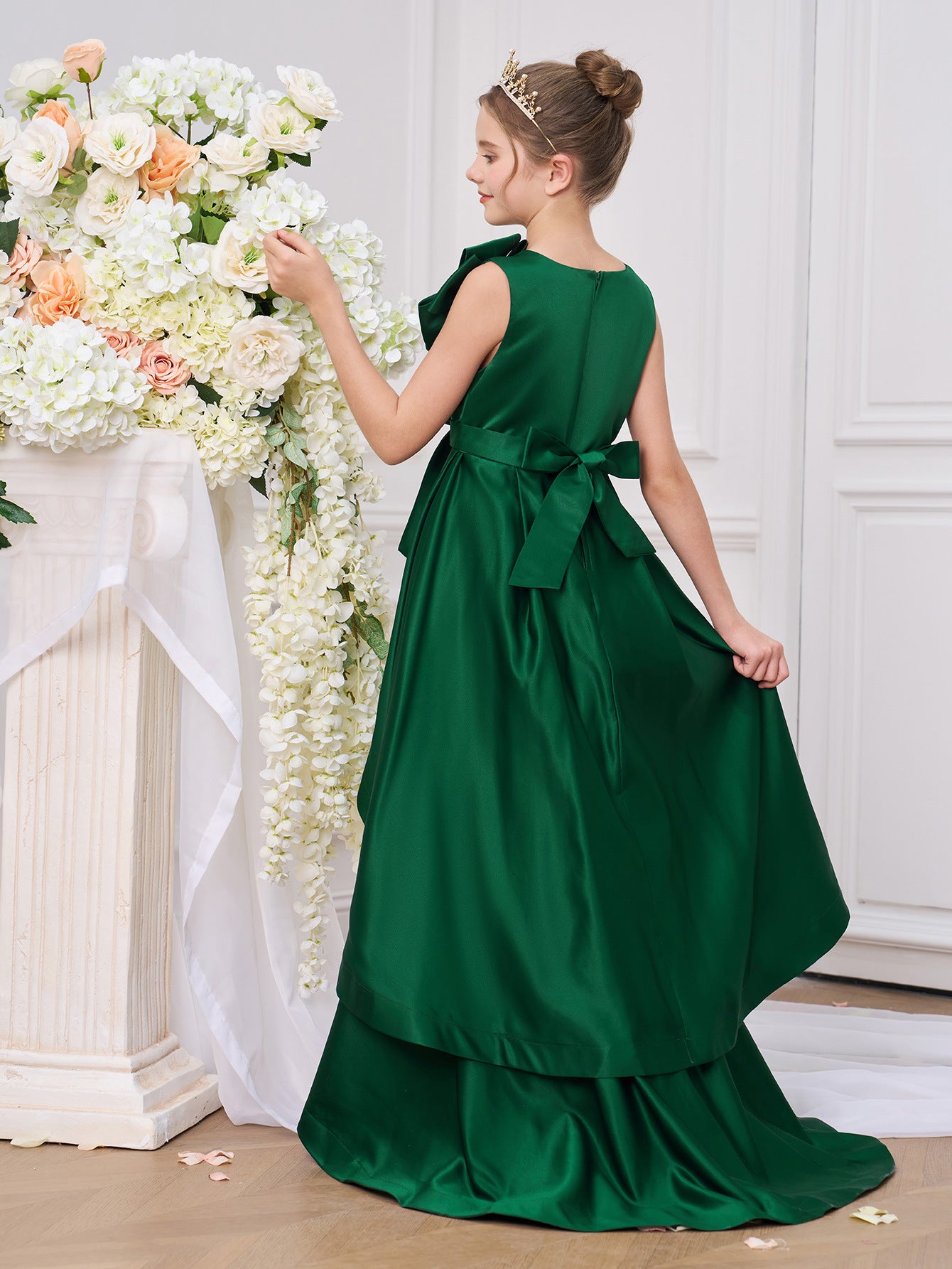 Dark Green A-Line Satin Bowknot Dress with Train for Girls | Party, Wedding, Formal