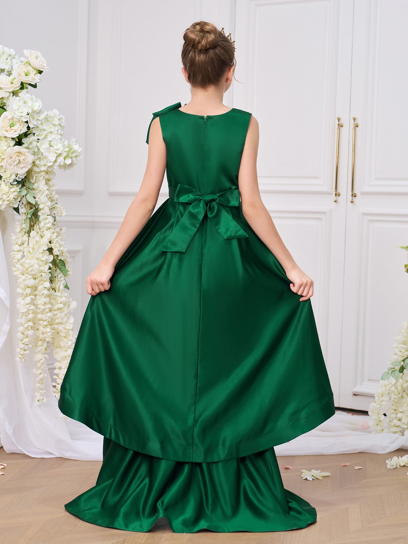 Dark Green A-Line Satin Bowknot Dress with Train for Girls | Party, Wedding, Formal