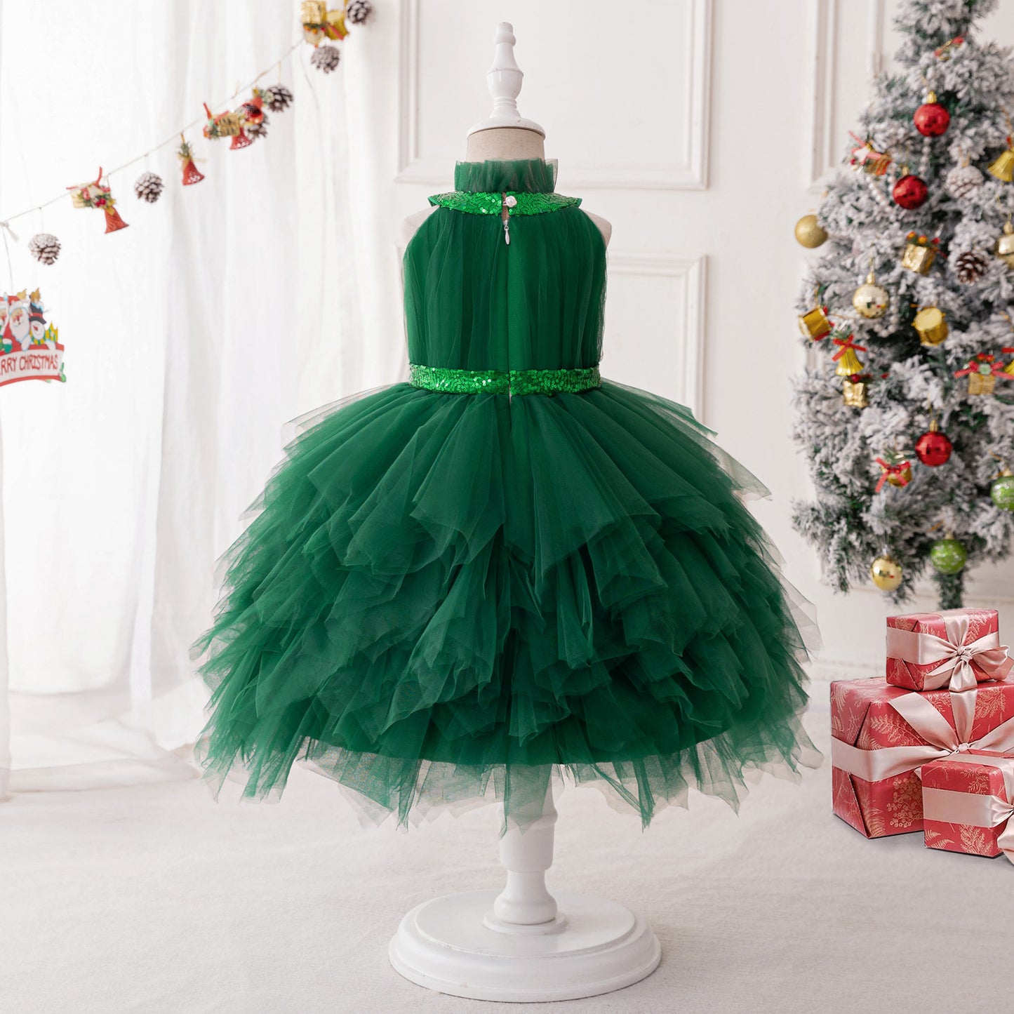 Dark Green Halter Princess Party Dress for Girls Tea Length