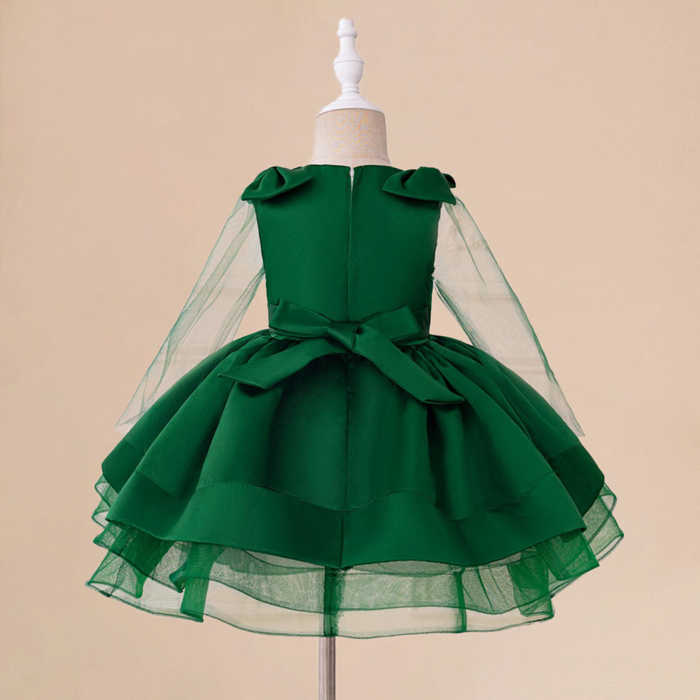 Cute Dark Green Puffy Ball Gown Satin Dress for Girls | V-Neck Tea Length Princess Outfit