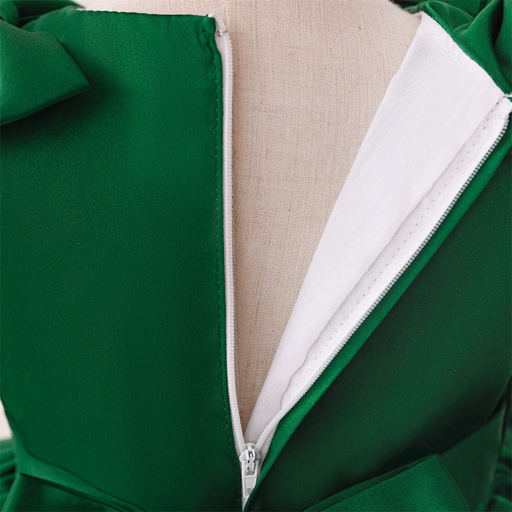 Cute Dark Green Puffy Ball Gown Satin Dress for Girls | V-Neck Tea Length Princess Outfit
