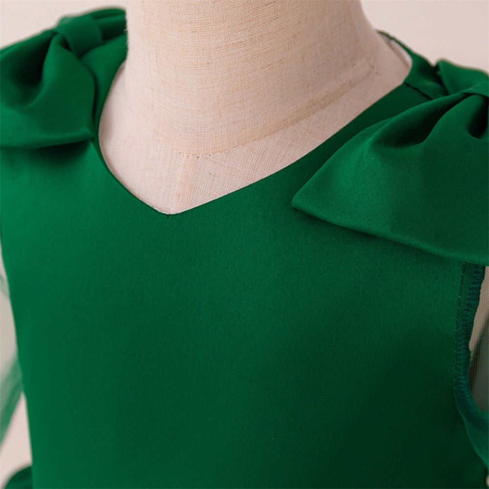 Cute Dark Green Puffy Ball Gown Satin Dress for Girls | V-Neck Tea Length Princess Outfit