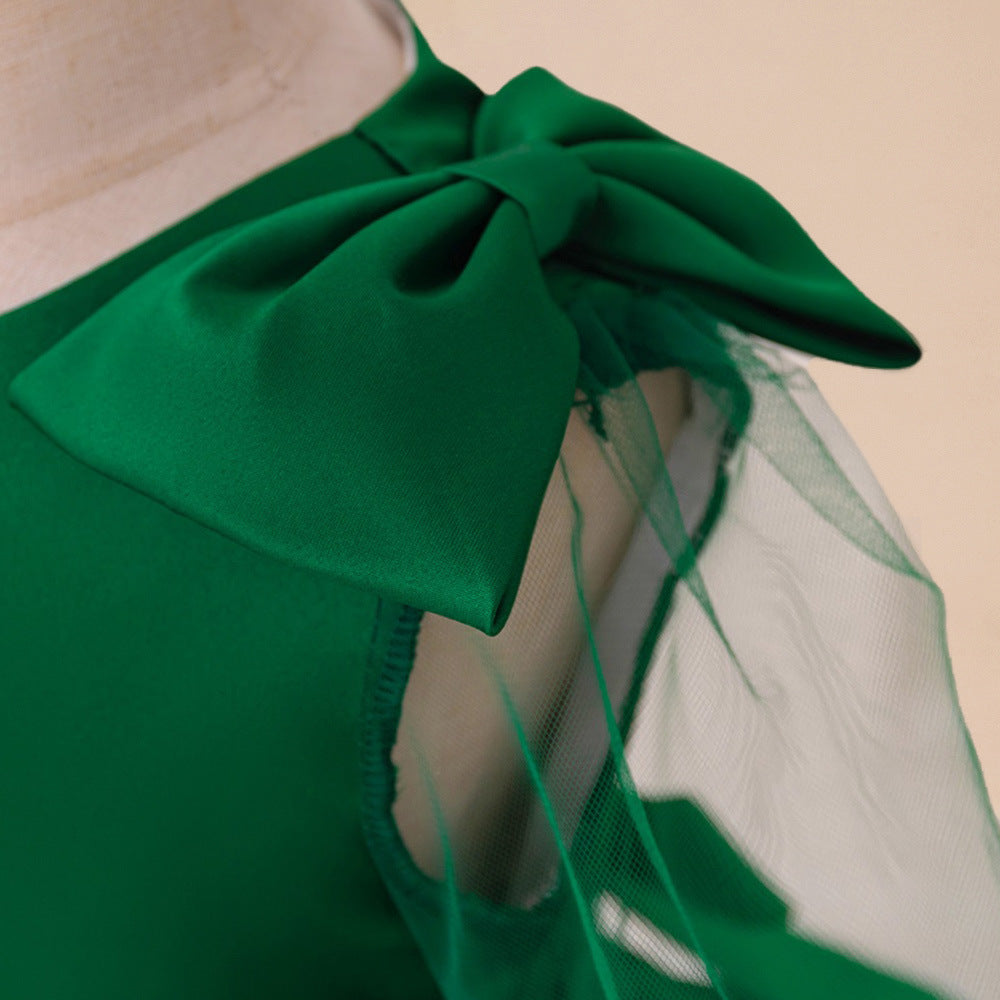 Cute Dark Green Puffy Ball Gown Satin Dress for Girls | V-Neck Tea Length Princess Outfit