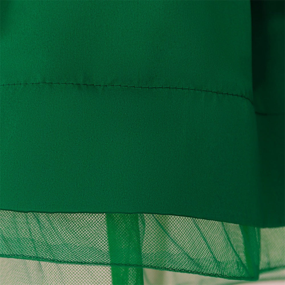 Cute Dark Green Puffy Ball Gown Satin Dress for Girls | V-Neck Tea Length Princess Outfit