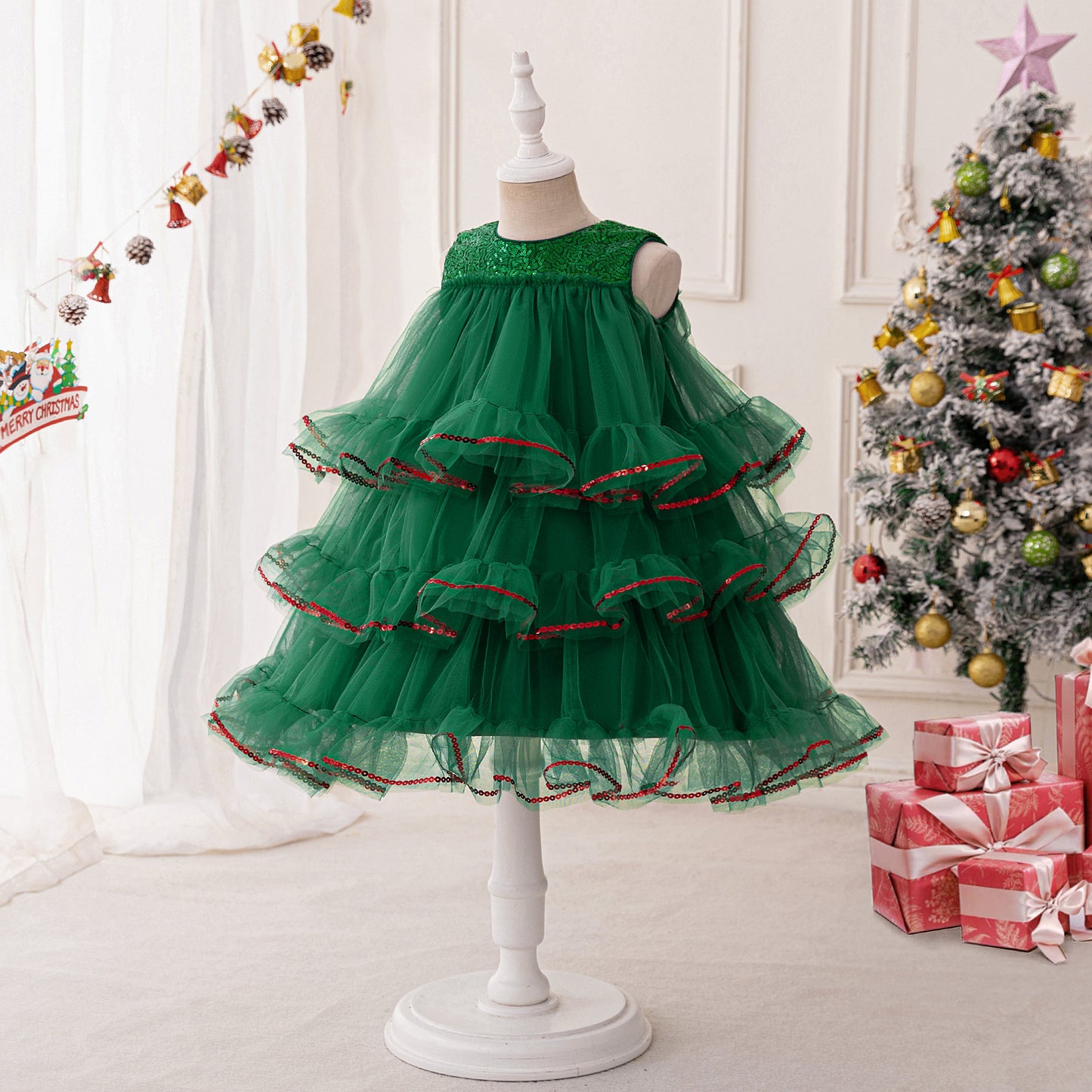 Dark Green Tiered Sequin Tulle Party Dress for Girls – Tea Length Festive Gown