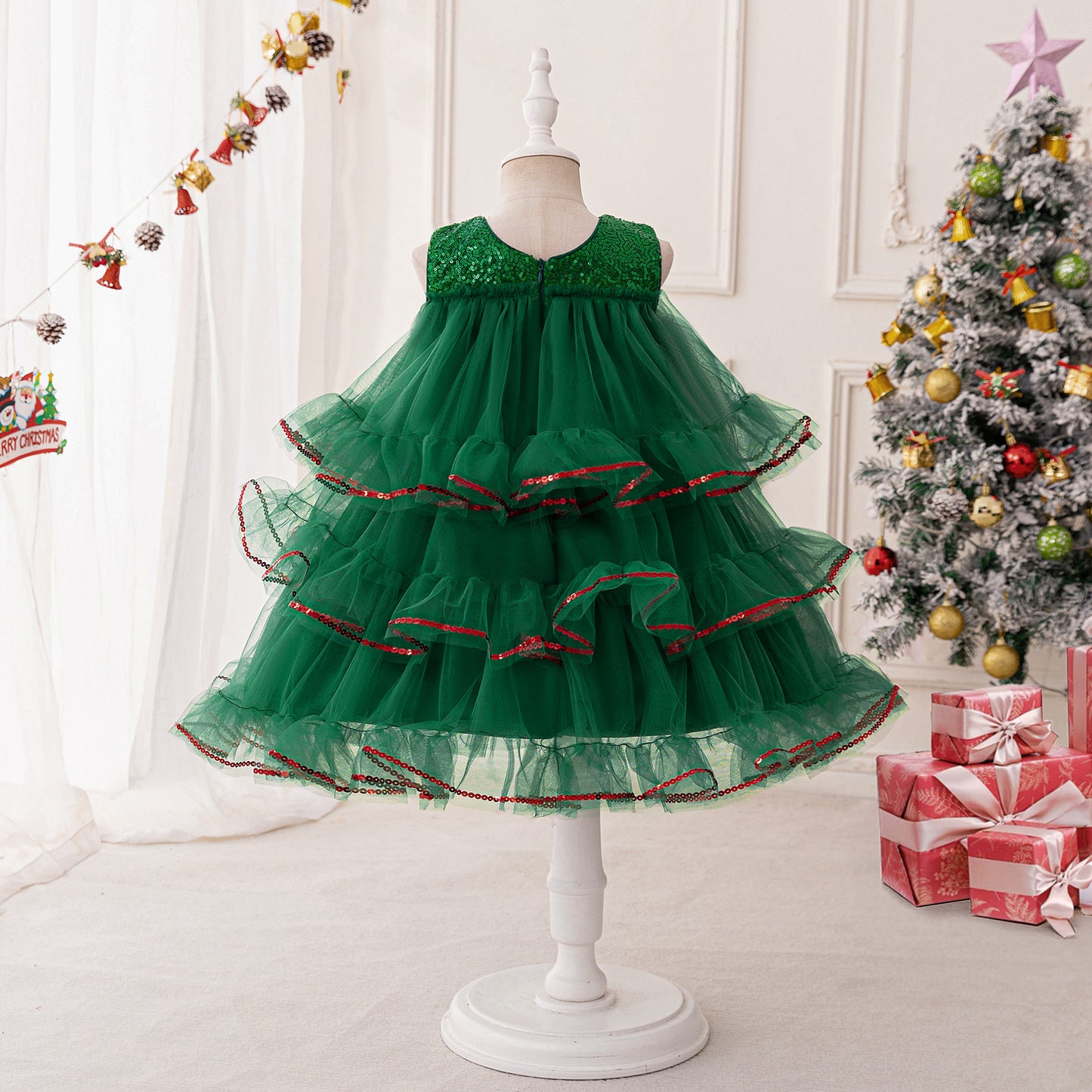 Dark Green Tiered Sequin Tulle Party Dress for Girls – Tea Length Festive Gown