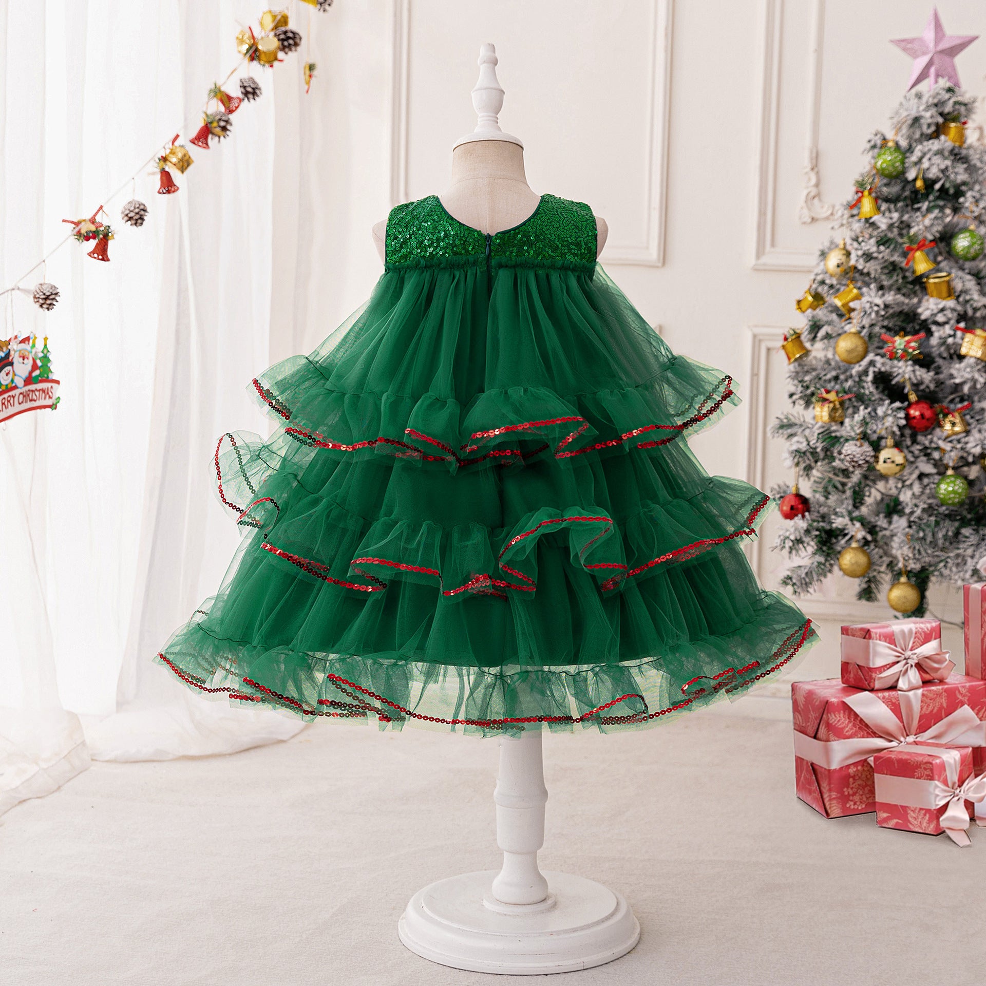 Frocklet Dark Green Tiered Sequin Tulle Party Dress for Girls – Tea Length Festive Gown 3