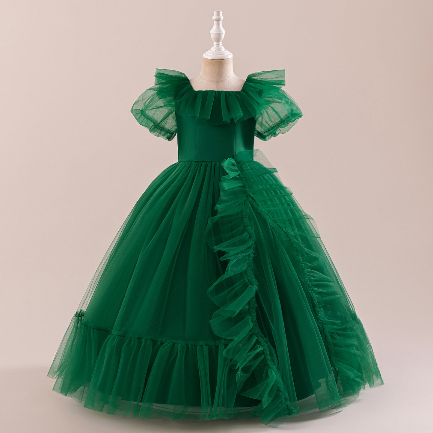 Dark Green Tiered Tulle Maxi Dress for Girls – Princess A-Line Party Gown