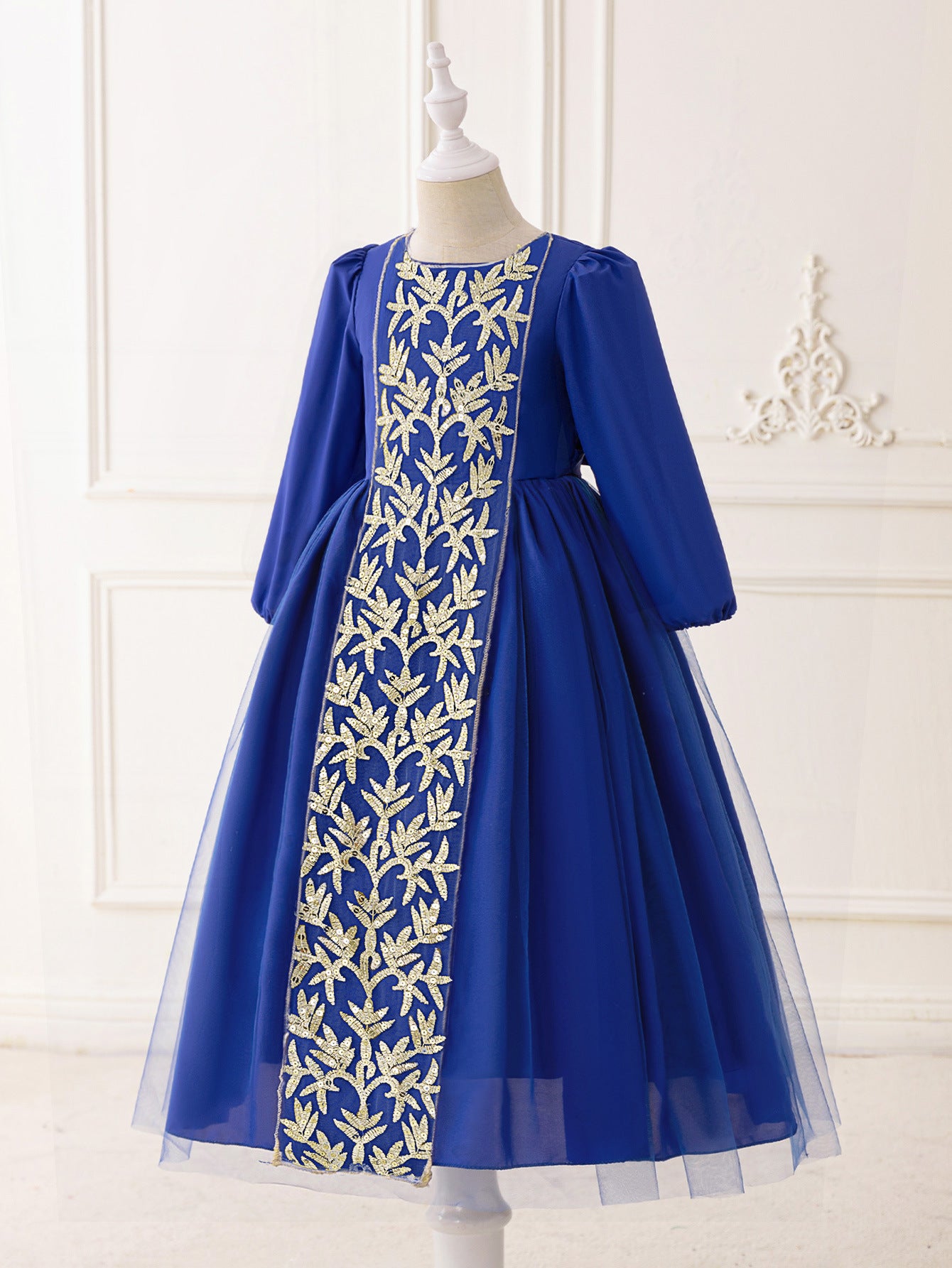 A-Line Elegant Embroidered Maxi Tulle Dress for Girls | Special Occasion Formalwear