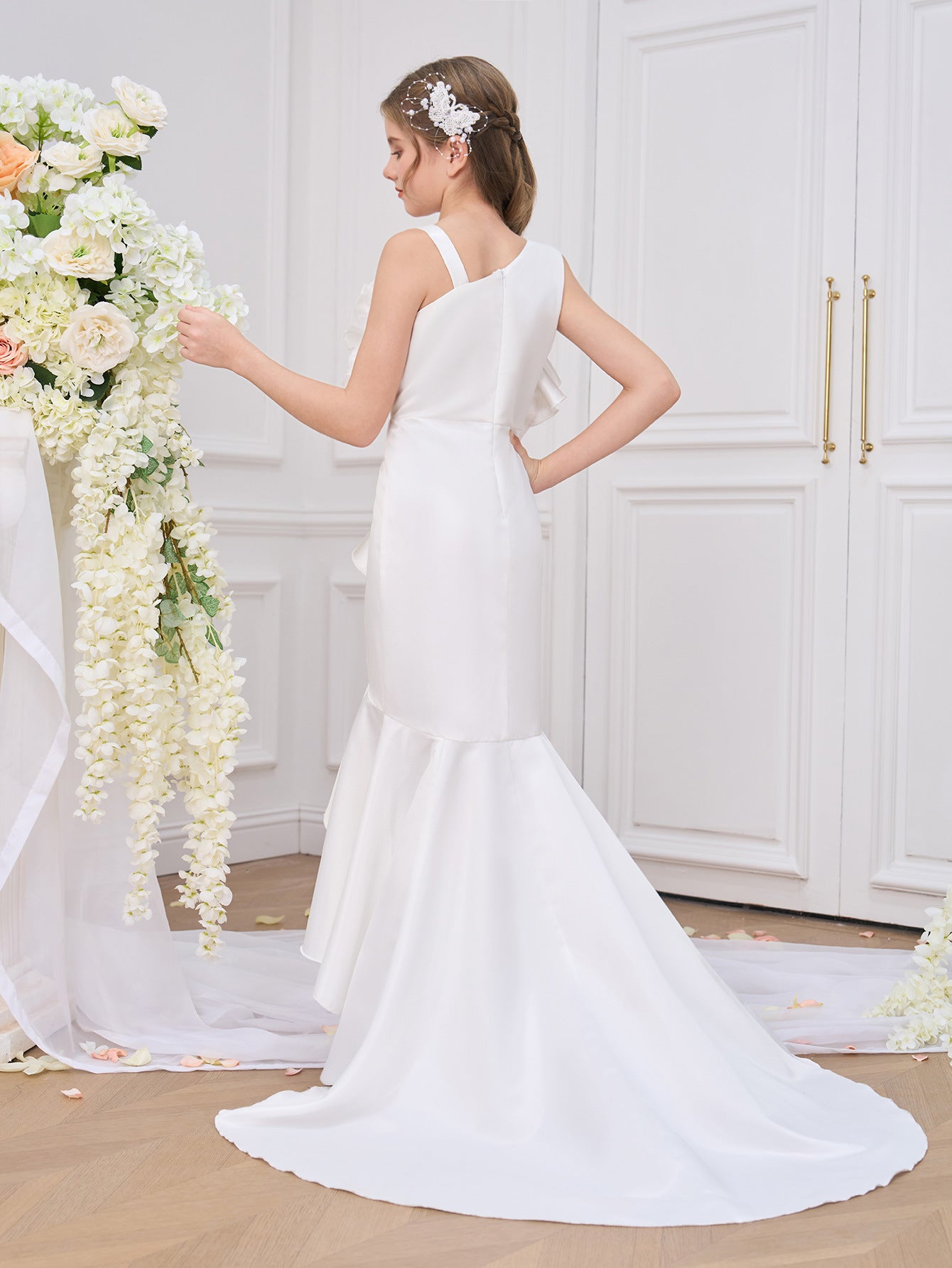 Elegant White Mermaid High-Low Satin Dress for Girls | Classic Formal Wear