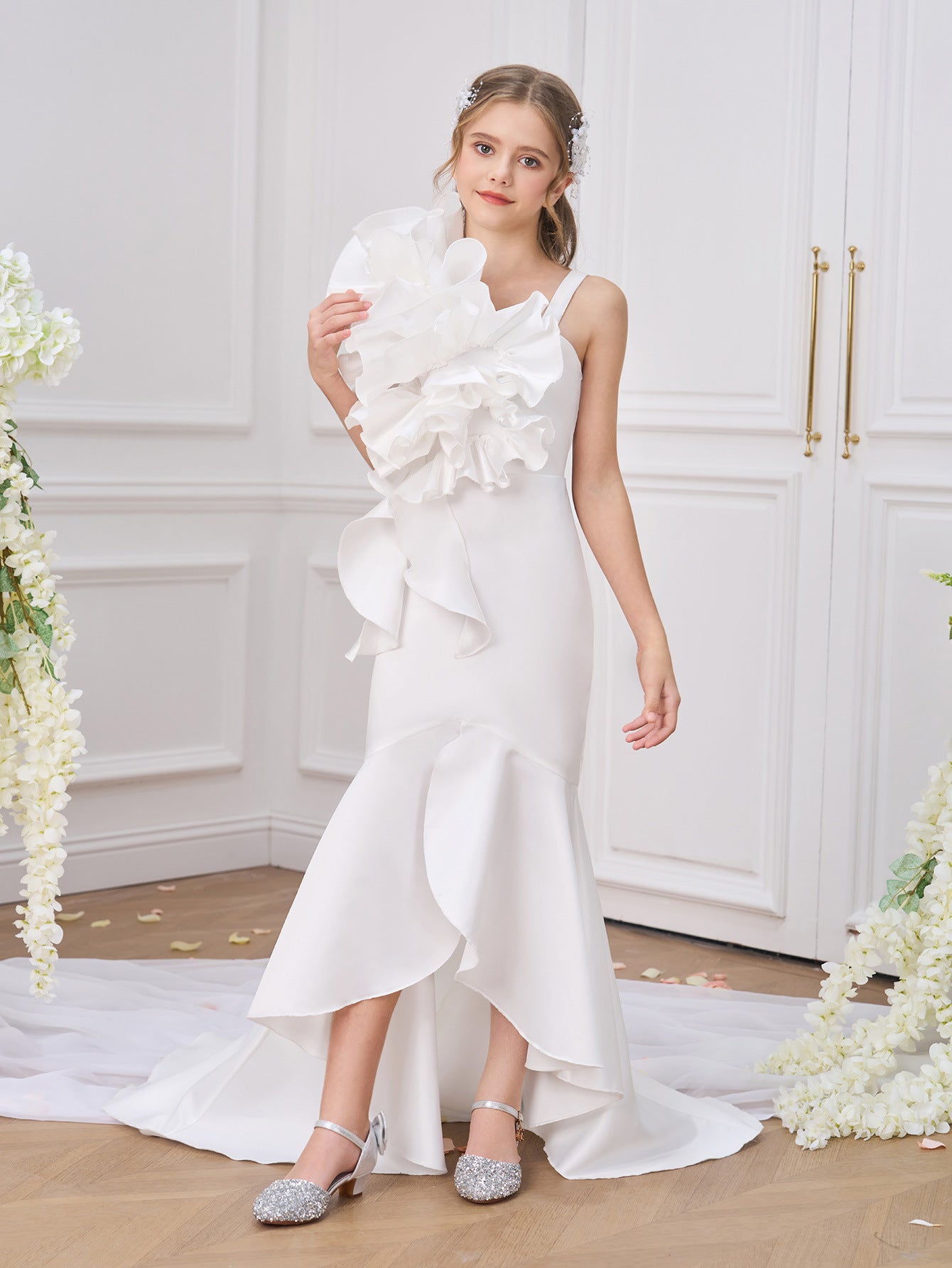 Elegant White Mermaid High-Low Satin Dress for Girls | Classic Formal Wear