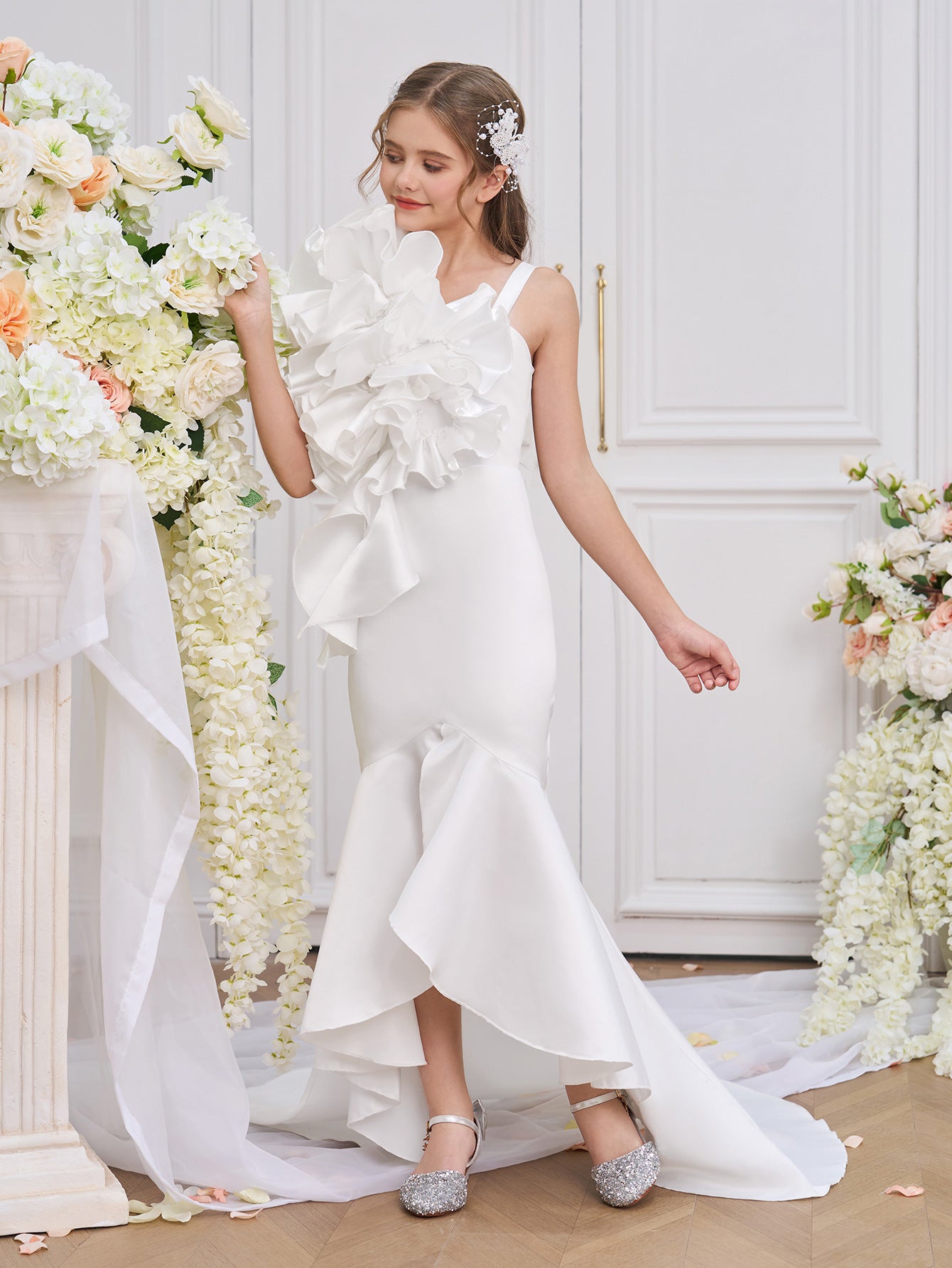 Elegant White Mermaid High-Low Satin Dress for Girls | Classic Formal Wear