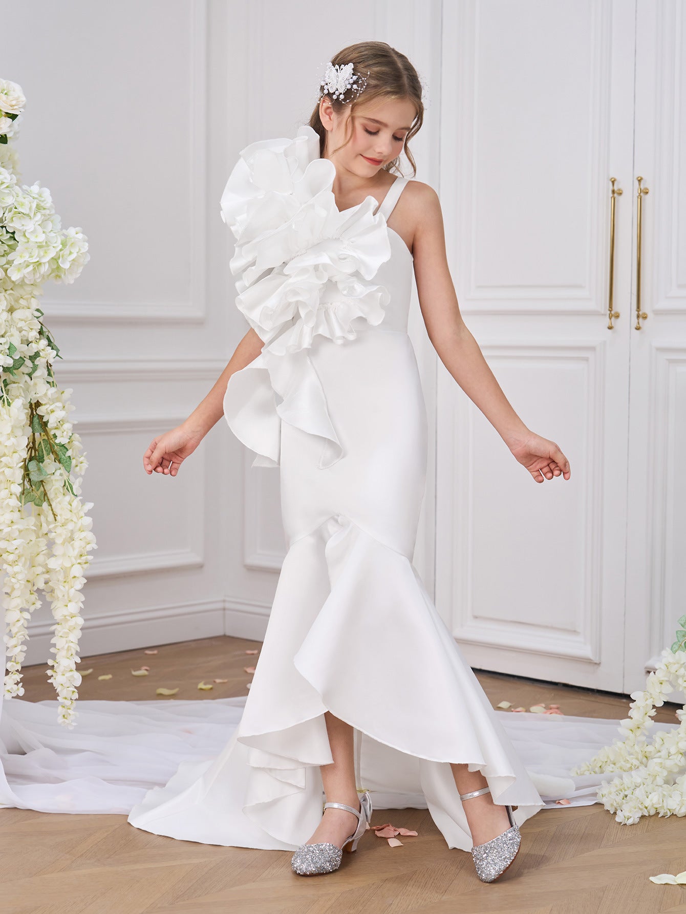 Elegant White Mermaid High-Low Satin Dress for Girls | Classic Formal Wear
