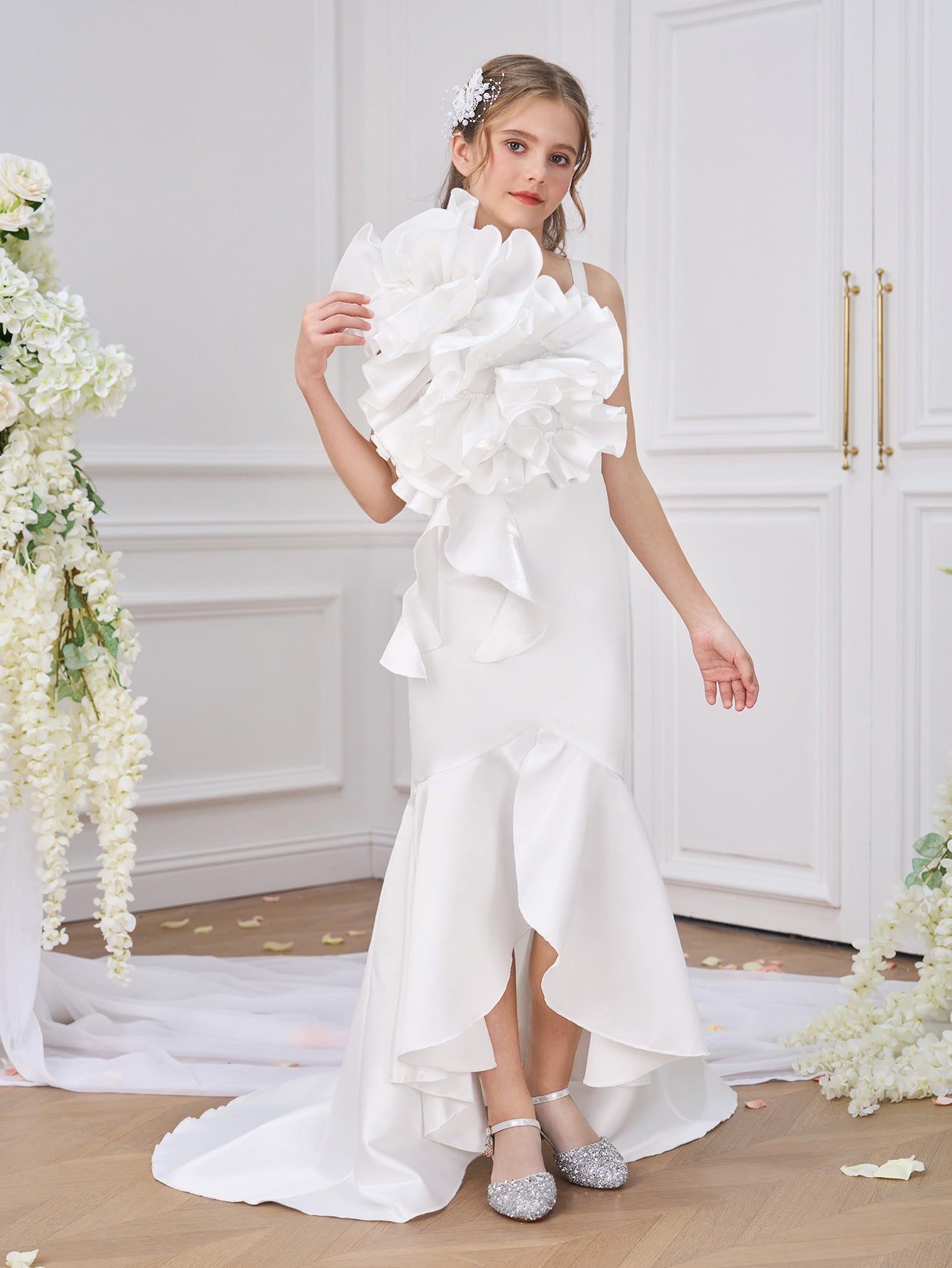 Elegant White Mermaid High-Low Satin Dress for Girls | Classic Formal Wear