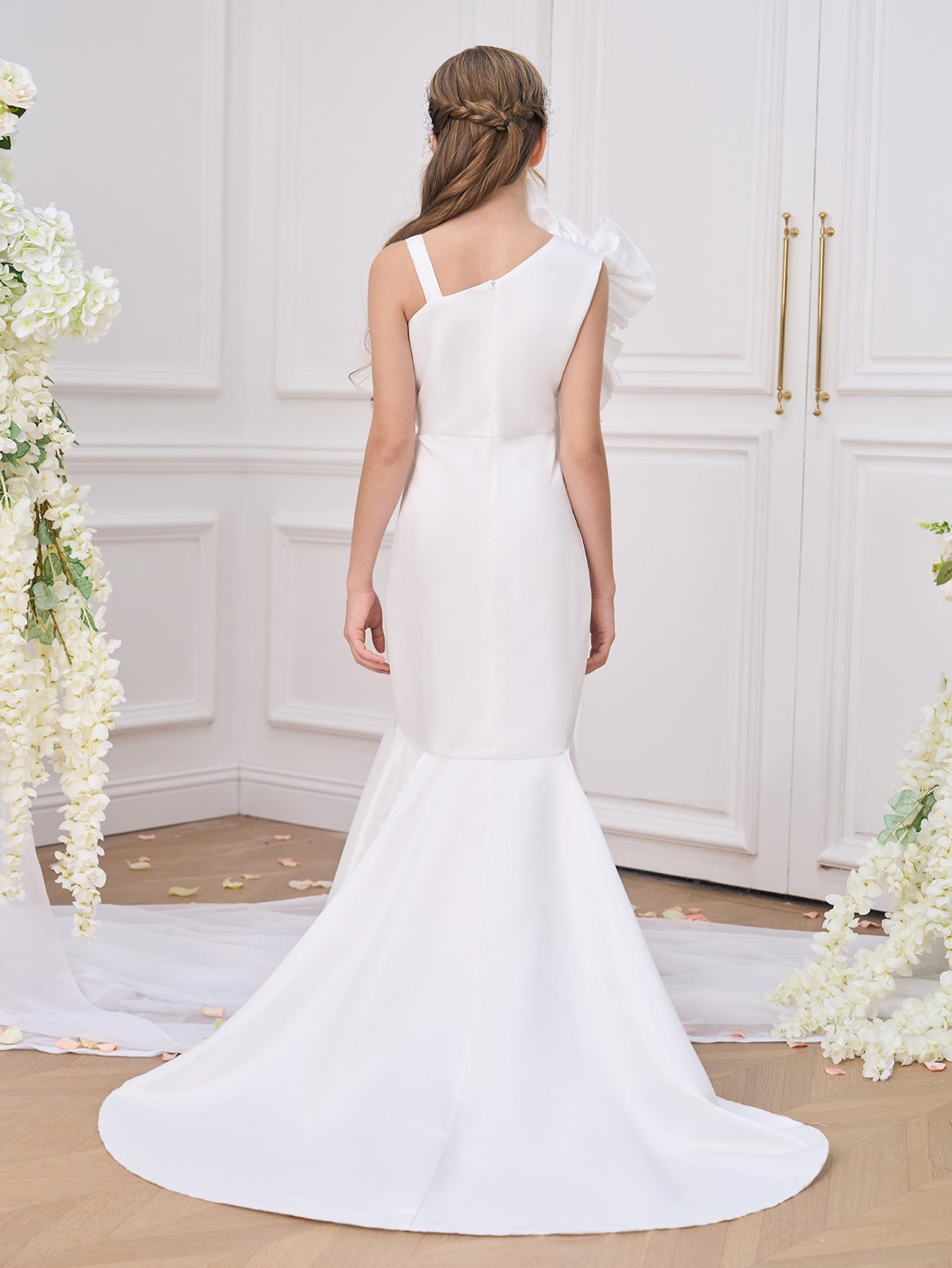 Elegant White Mermaid High-Low Satin Dress for Girls | Classic Formal Wear