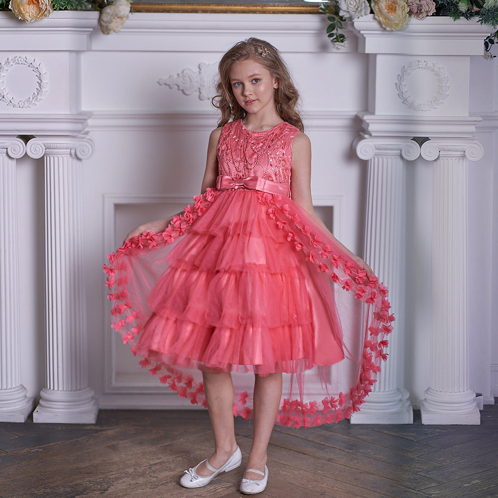 Cute Puffy Embroidered Tulle High-Low Ball Gown Dress for Girls | Party & Flower Girl Dress