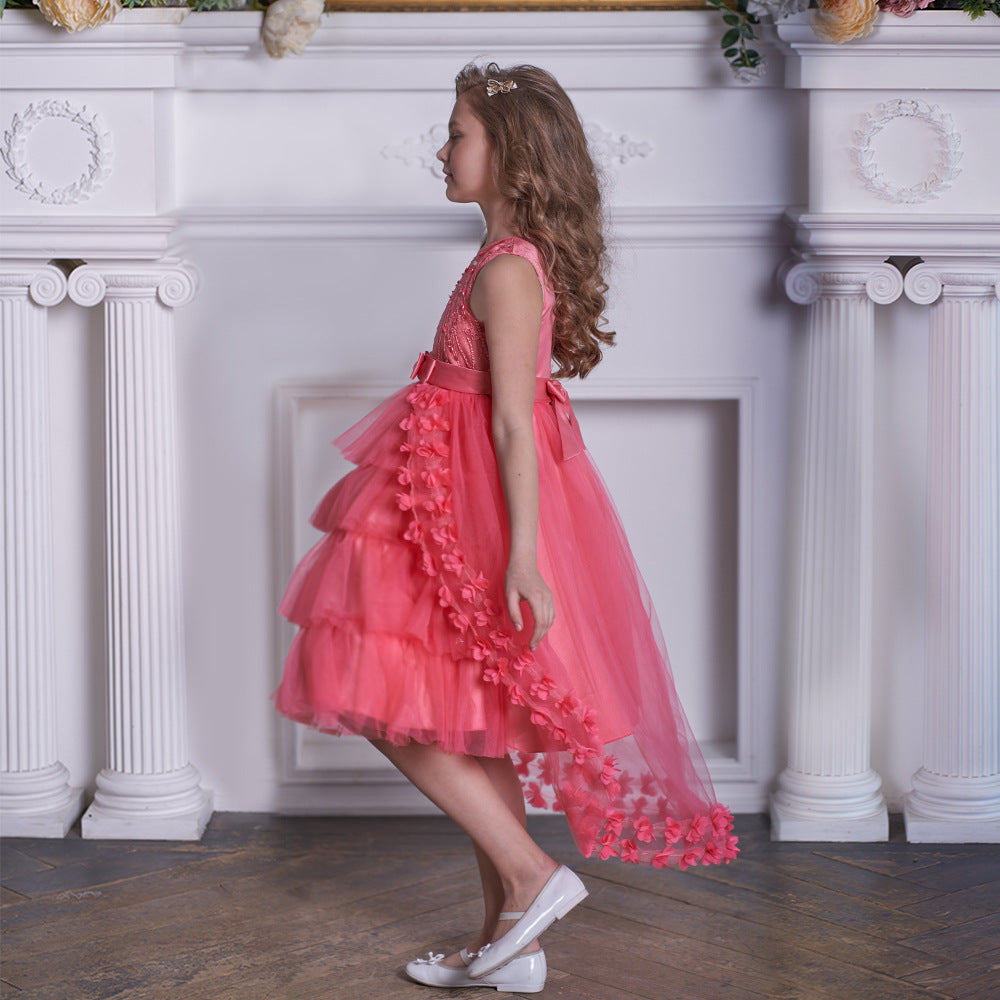 Cute Puffy Embroidered Tulle High-Low Ball Gown Dress for Girls | Party & Flower Girl Dress