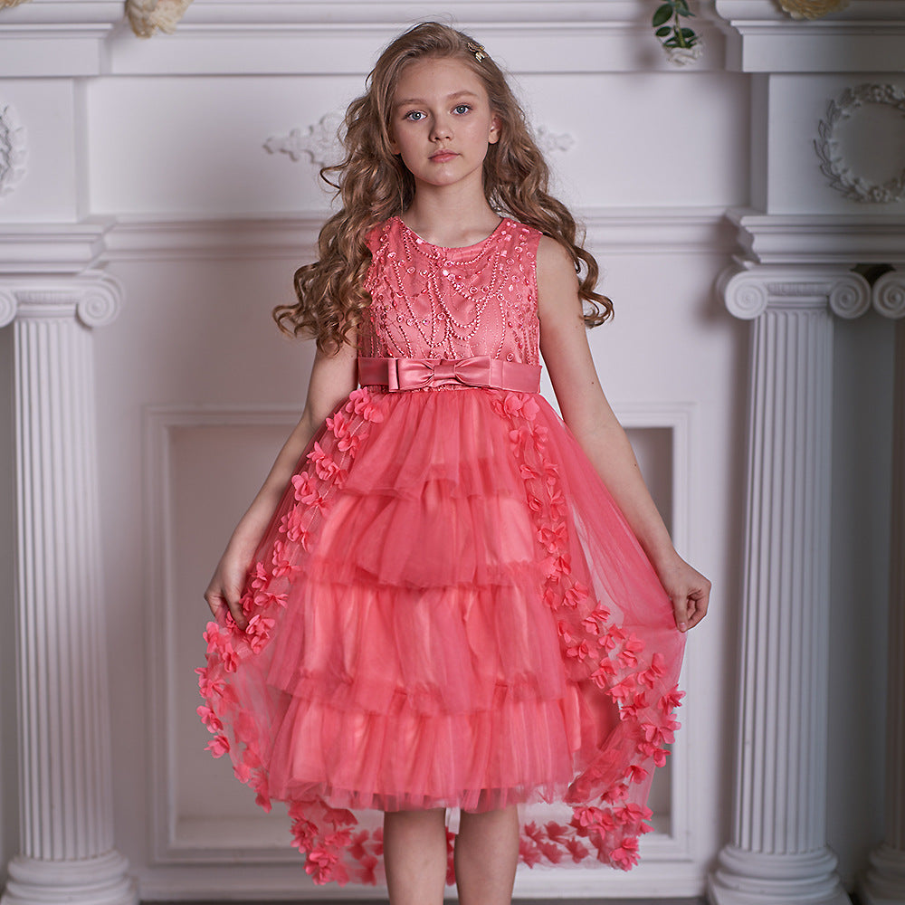 Cute Puffy Embroidered Tulle High-Low Ball Gown Dress for Girls | Party & Flower Girl Dress