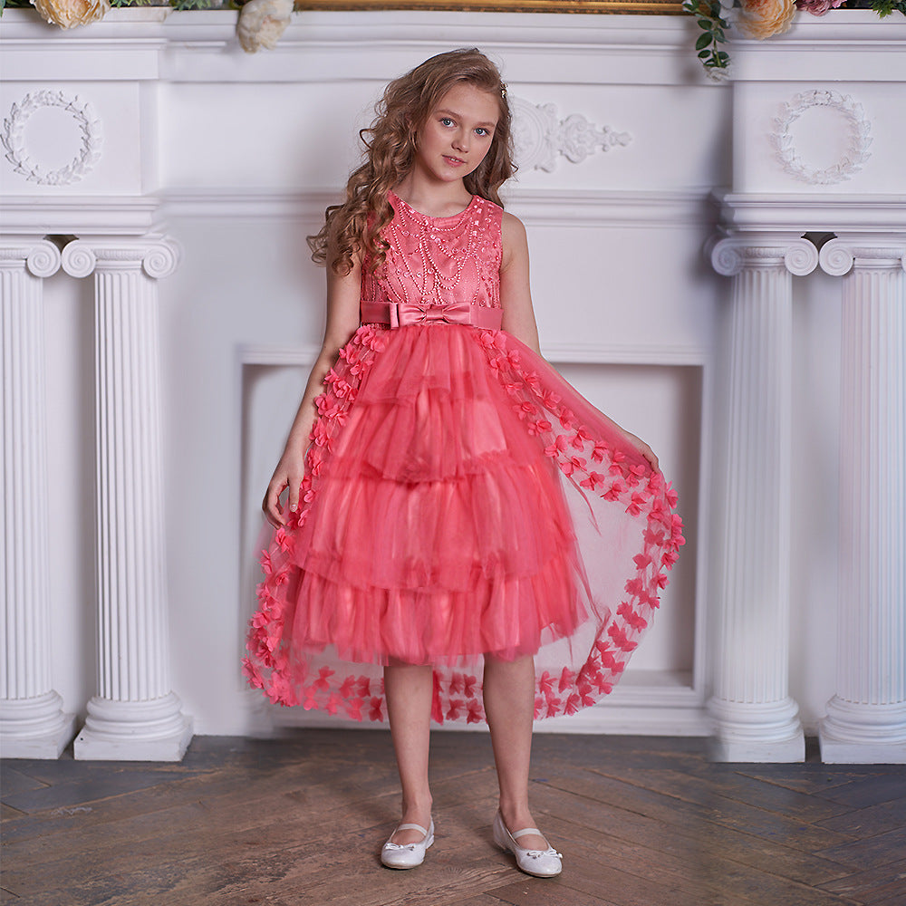 Cute Puffy Embroidered Tulle High-Low Ball Gown Dress for Girls | Party & Flower Girl Dress