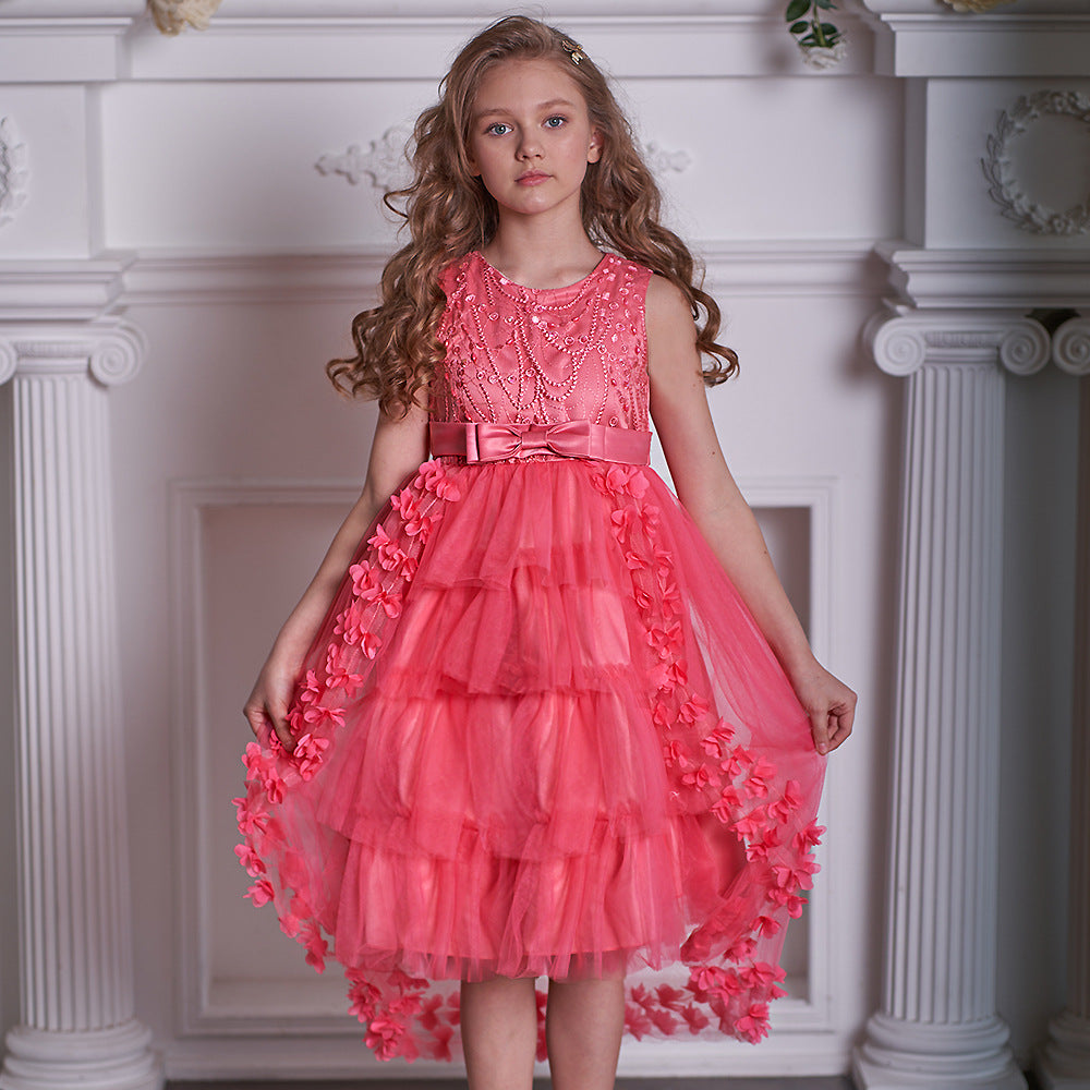 Cute Puffy Embroidered Tulle High-Low Ball Gown Dress for Girls | Party & Flower Girl Dress