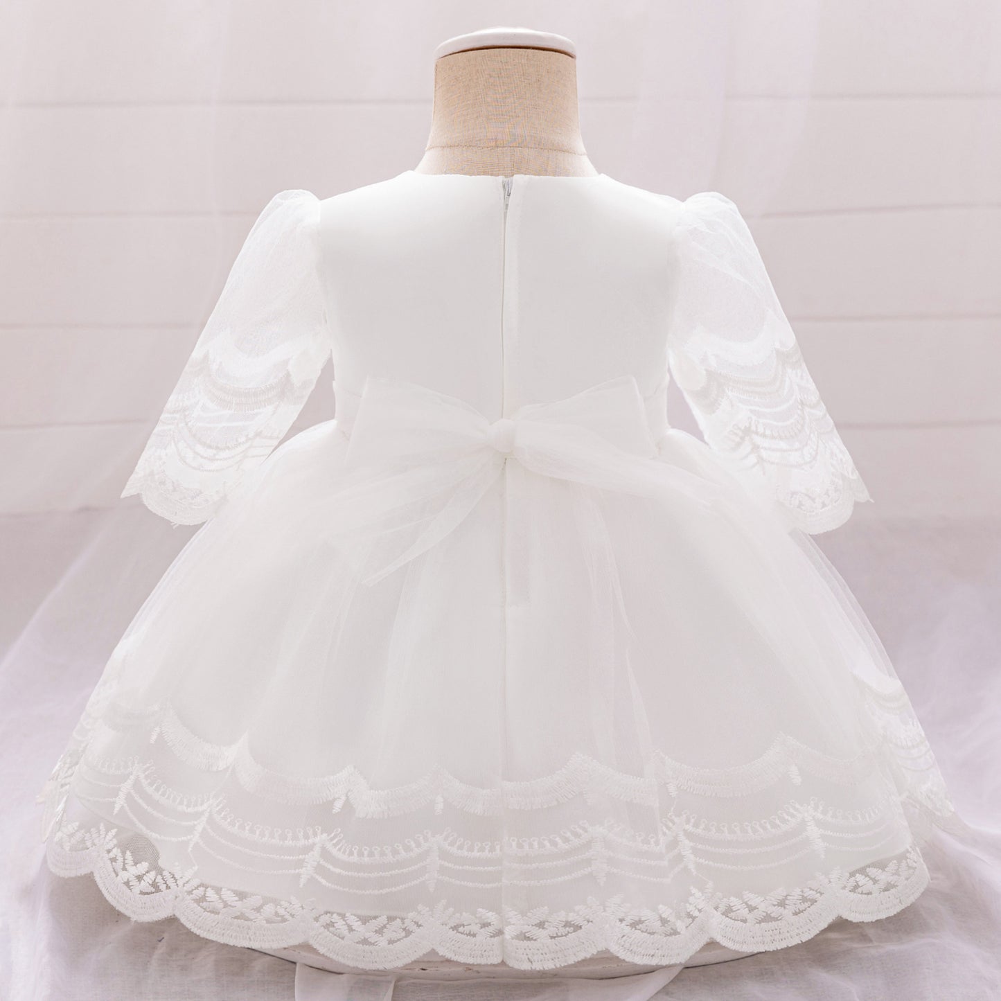 Cute Embroidered Puffy Baby Party Dress in Lace & Tulle - White for 3-24 Months