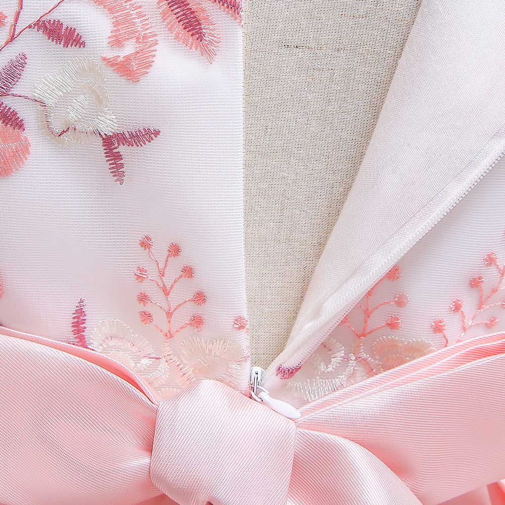 Cute Embroidered Puffy Ball Gown Dress for Girls | Tea Length Satin Formal Dress