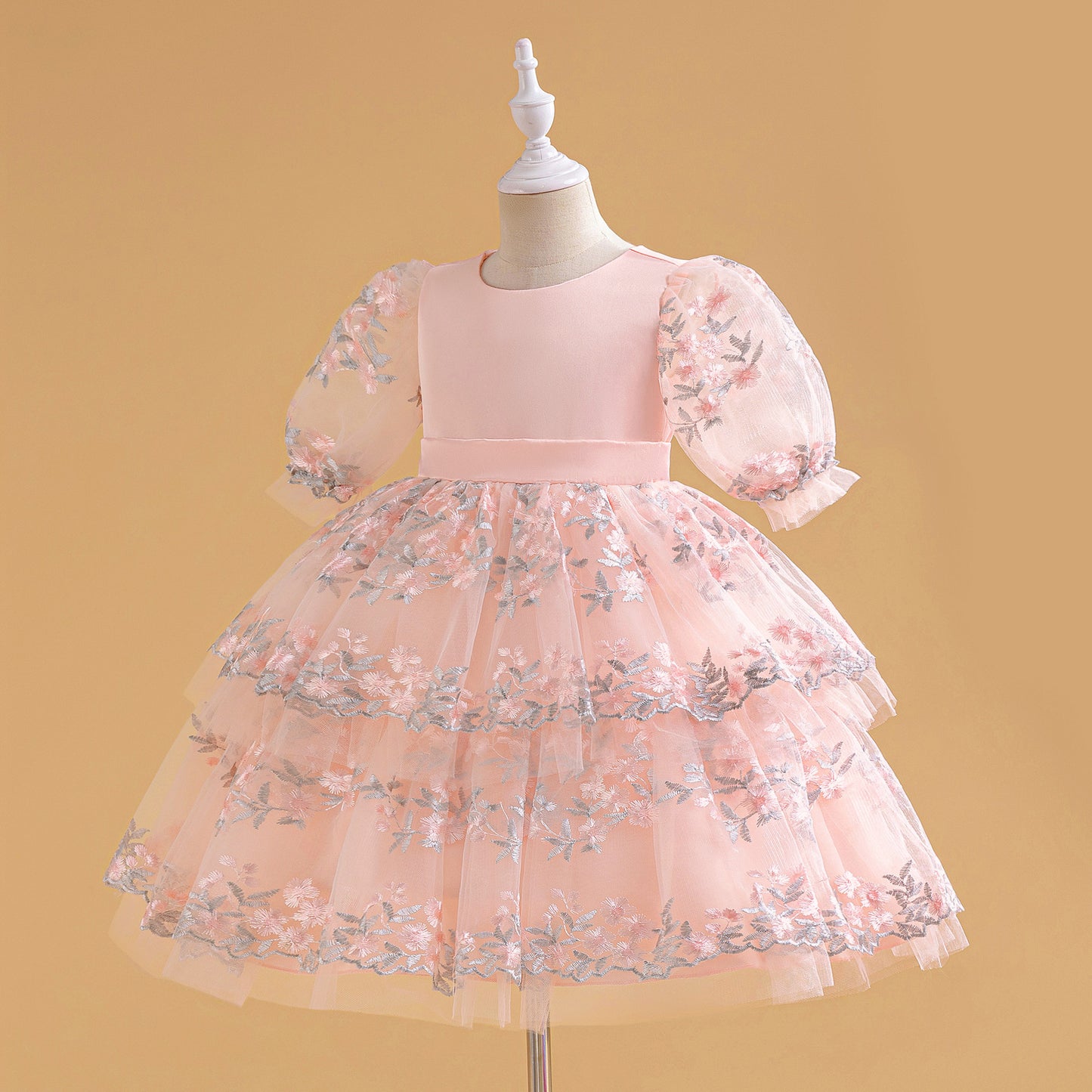 Light Pink Embroidered Puffy Princess Dress for Girls | Satin & Tulle Ball Gown