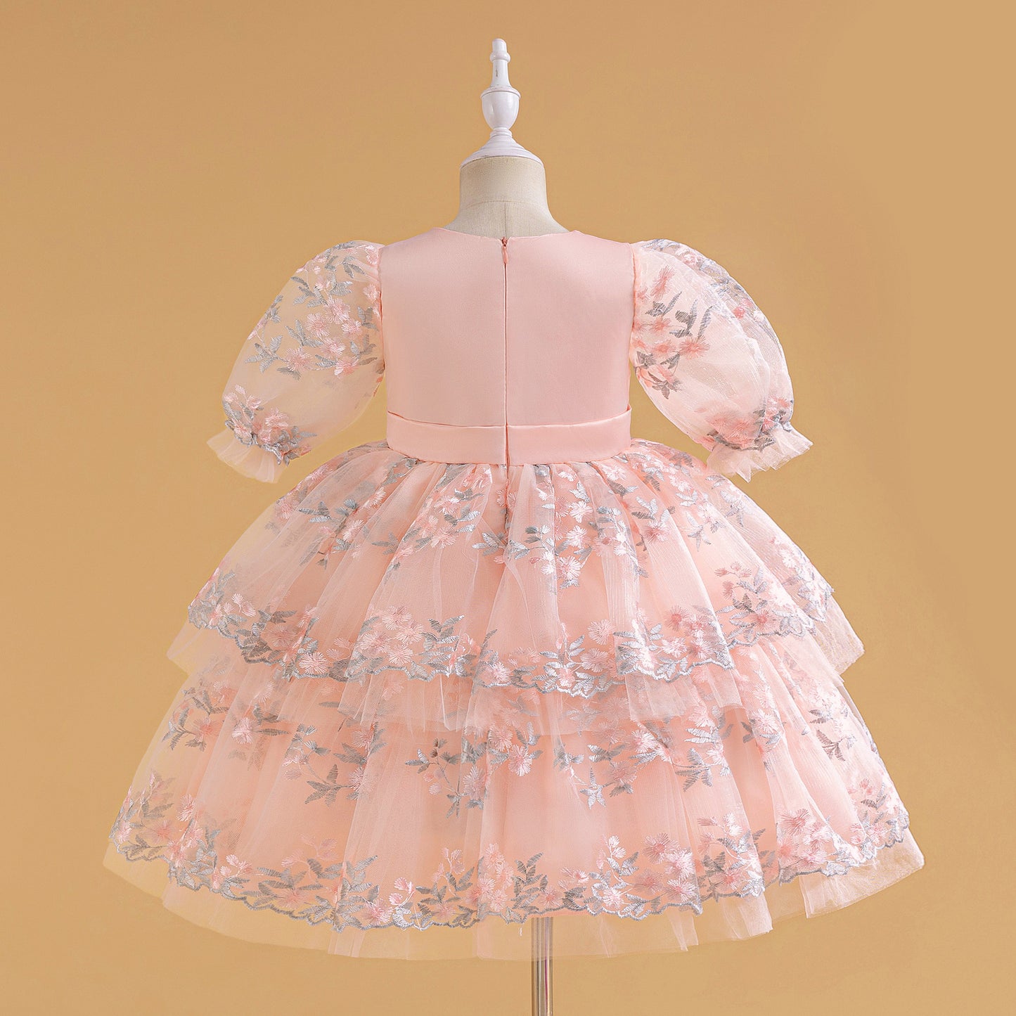 Light Pink Embroidered Puffy Princess Dress for Girls | Satin & Tulle Ball Gown