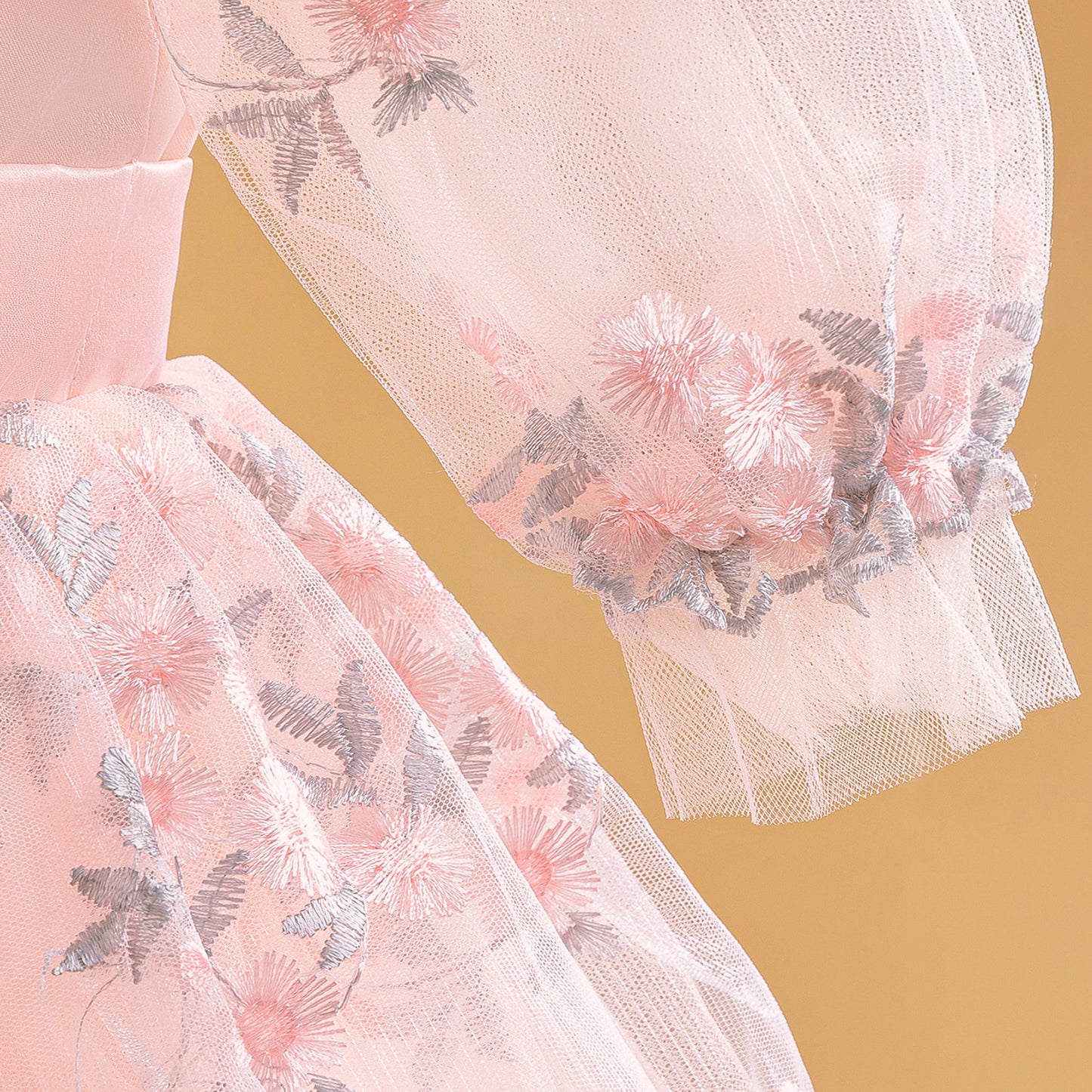 Light Pink Embroidered Puffy Princess Dress for Girls | Satin & Tulle Ball Gown