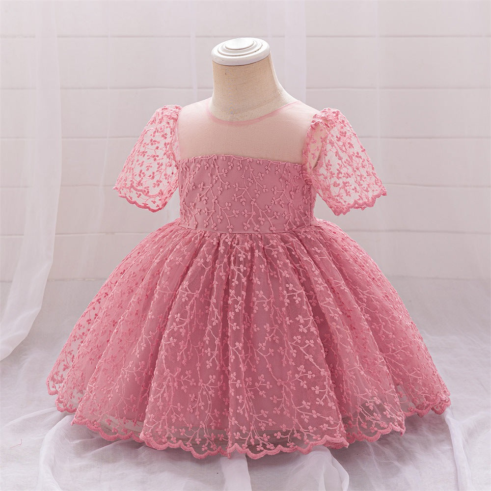 Puffy Sleeve Embroidered Princess Dress for Little Girls – Tulle Flower Girl & Party Gown