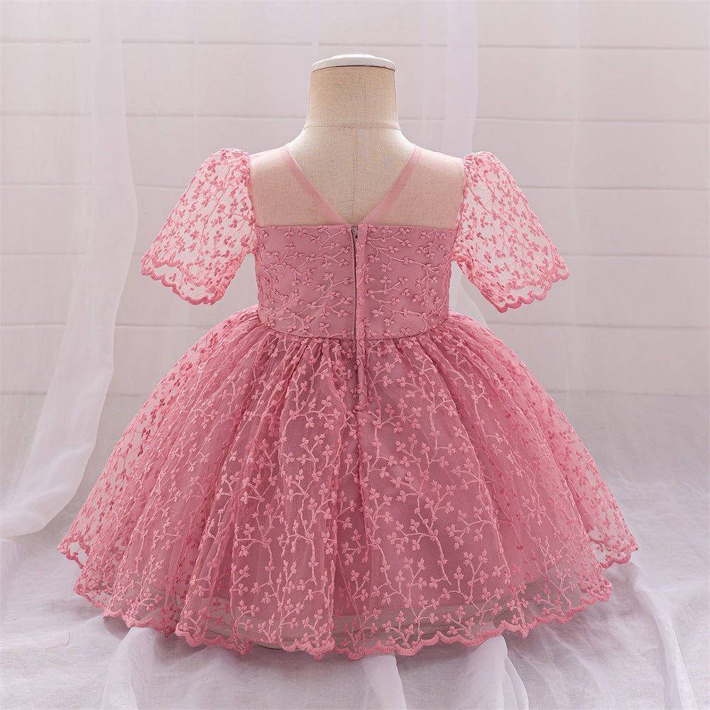Puffy Sleeve Embroidered Princess Dress for Little Girls – Tulle Flower Girl & Party Gown