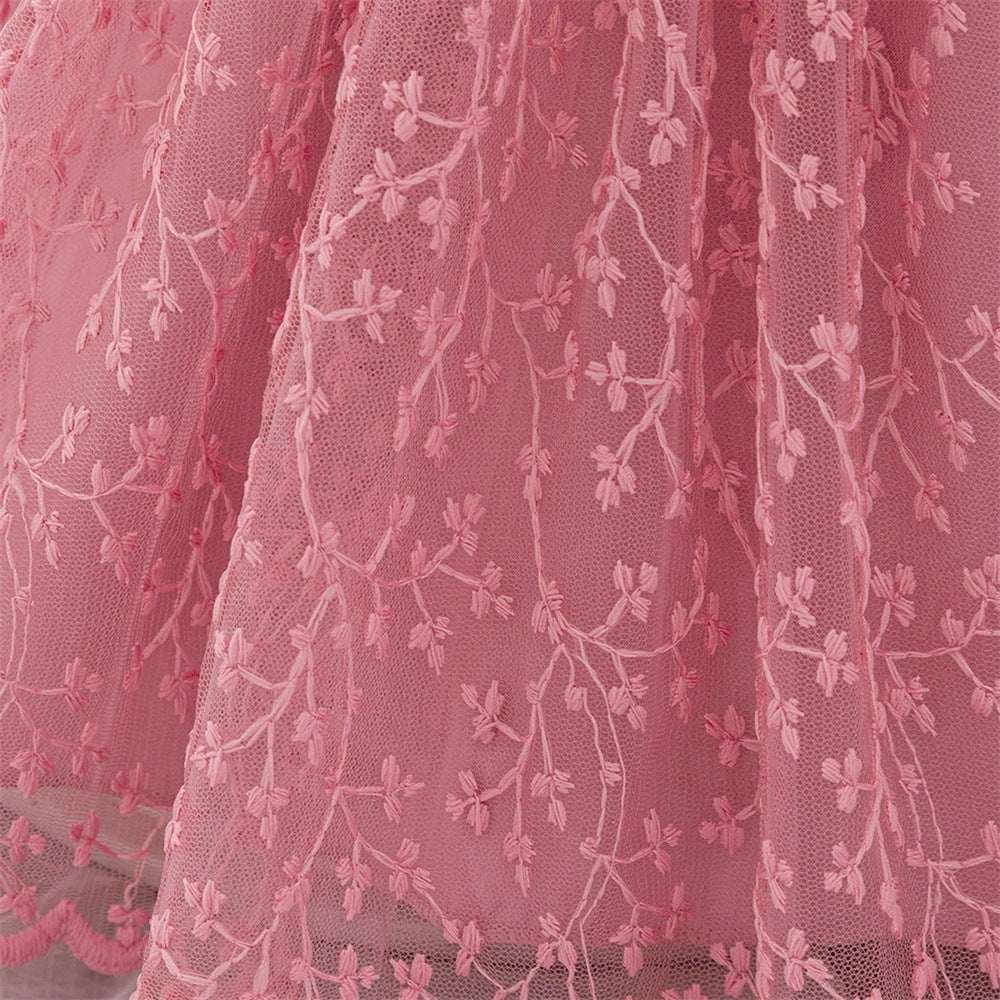 Puffy Sleeve Embroidered Princess Dress for Little Girls – Tulle Flower Girl & Party Gown