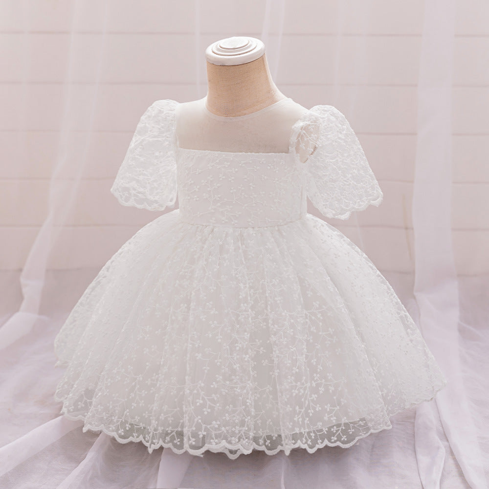 Puffy Sleeve Embroidered Princess Dress for Little Girls – Tulle Flower Girl & Party Gown