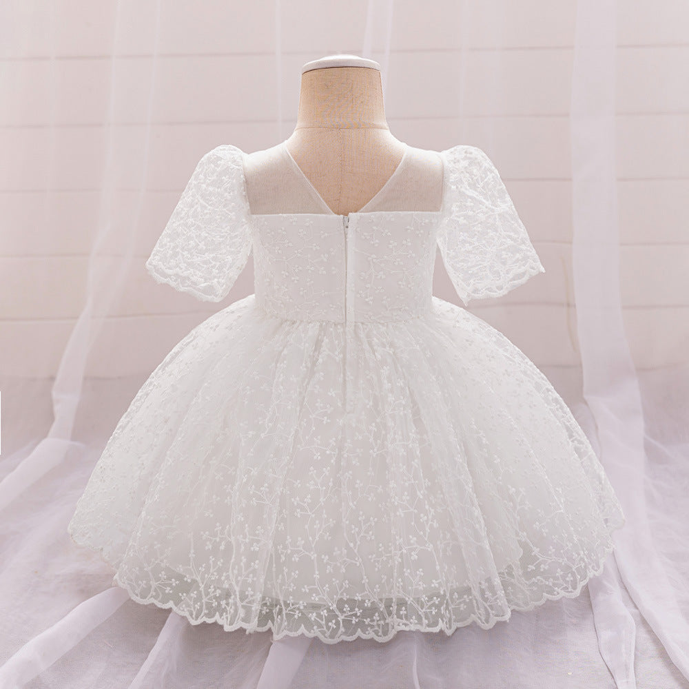 Puffy Sleeve Embroidered Princess Dress for Little Girls – Tulle Flower Girl & Party Gown