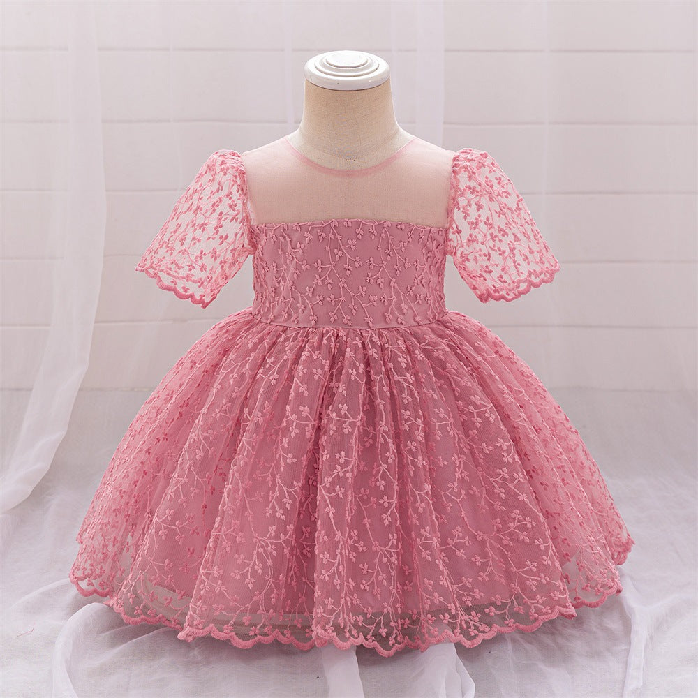 Puffy Sleeve Embroidered Princess Dress for Little Girls – Tulle Flower Girl & Party Gown