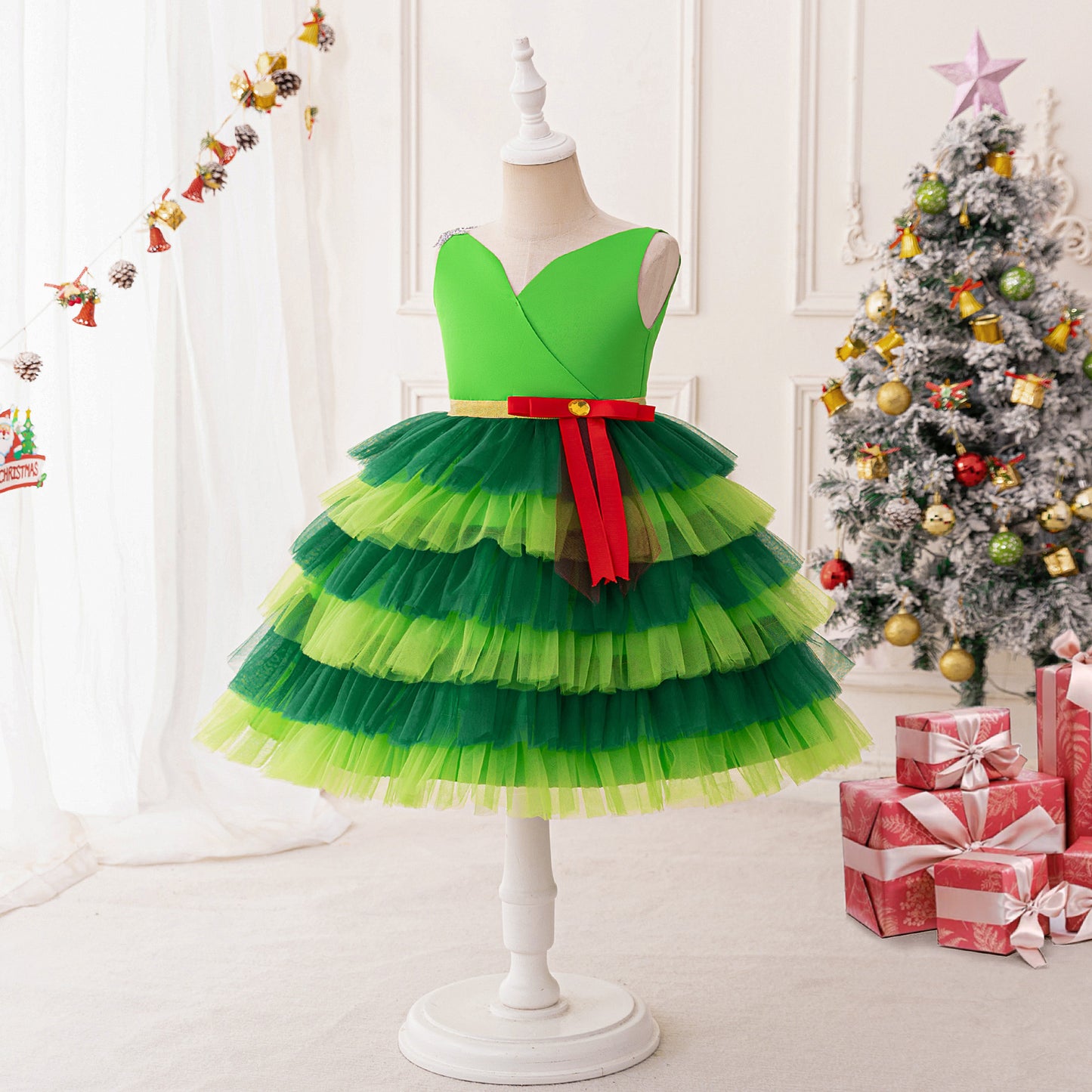 Emerald Green Tiered Tulle Princess Dress for Girls | Party & Wedding Outfit