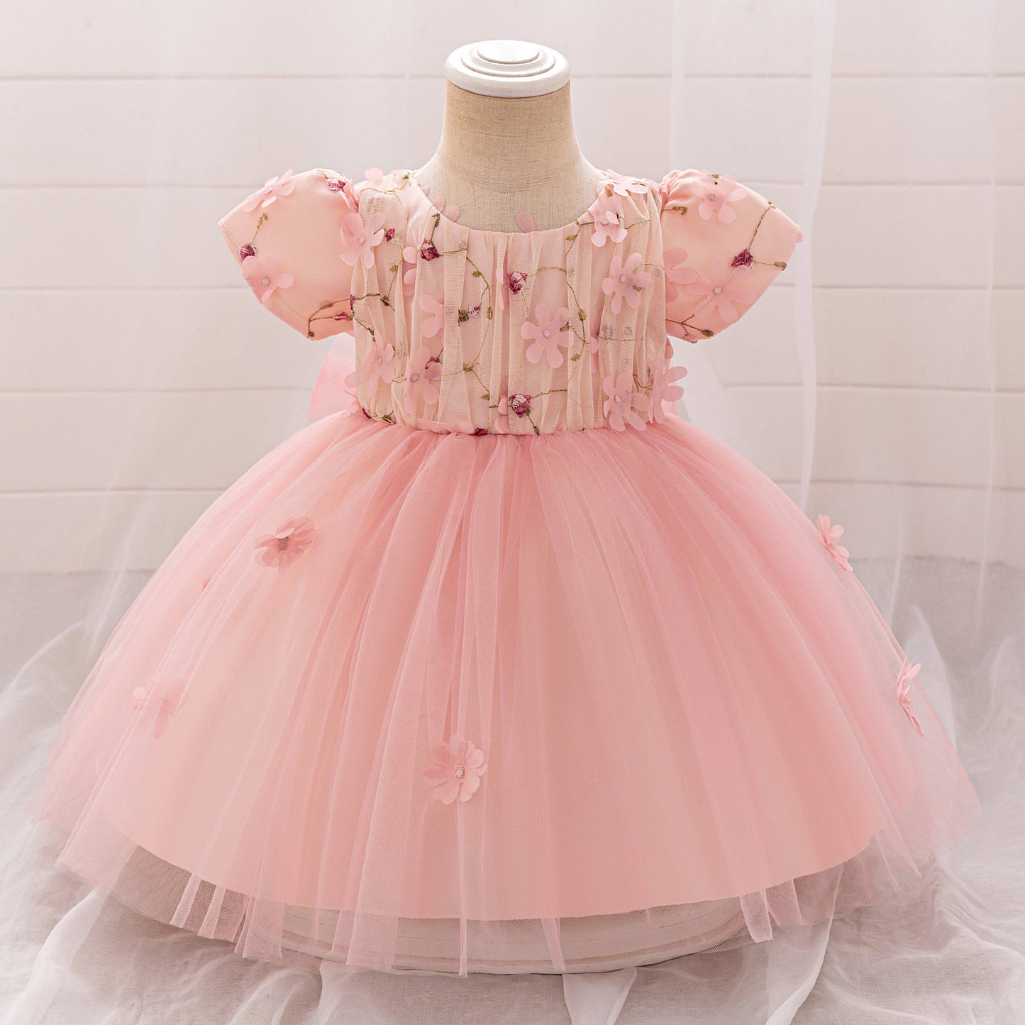 Light Pink Puffy Princess Ball Gown Dress with Embroidery & 3D Appliques for Girls