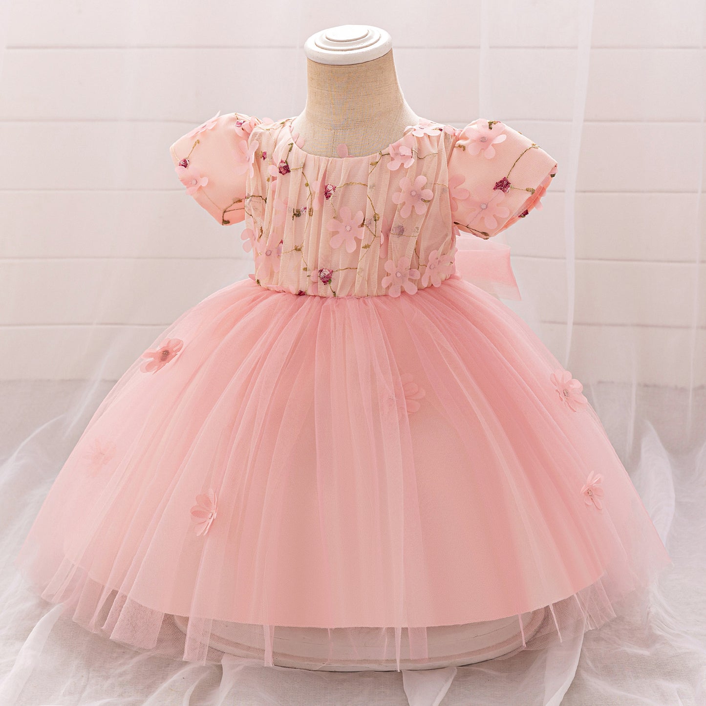 Light Pink Puffy Princess Ball Gown Dress with Embroidery & 3D Appliques for Girls