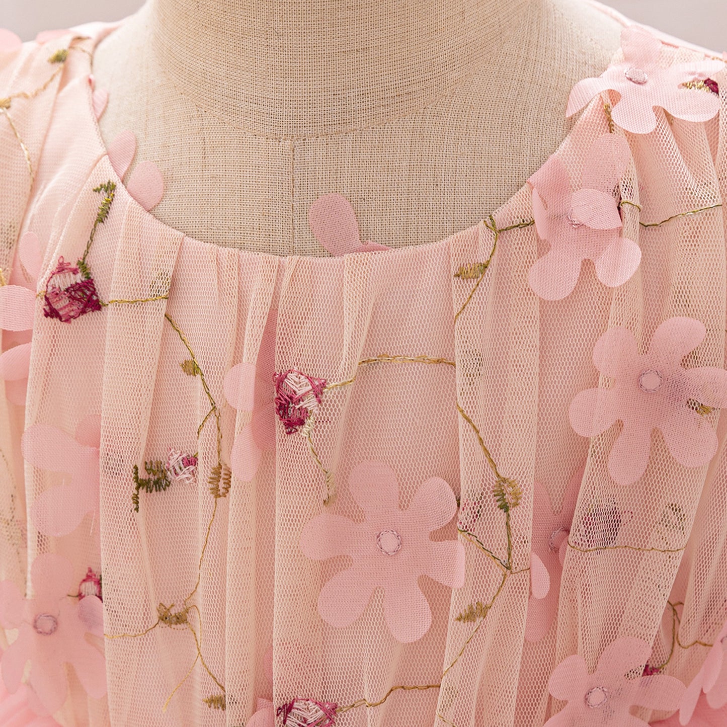 Light Pink Puffy Princess Ball Gown Dress with Embroidery & 3D Appliques for Girls