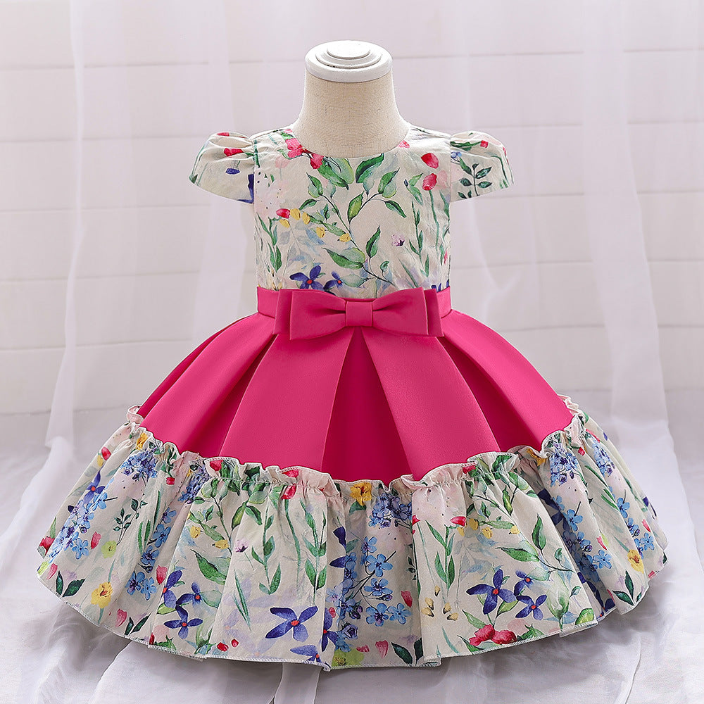 Cute Rose Red Floral Bow Baby Girl Party Dress | 9-24 Months