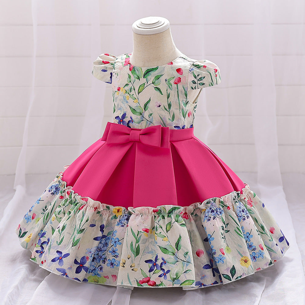 Cute Rose Red Floral Bow Baby Girl Party Dress | 9-24 Months