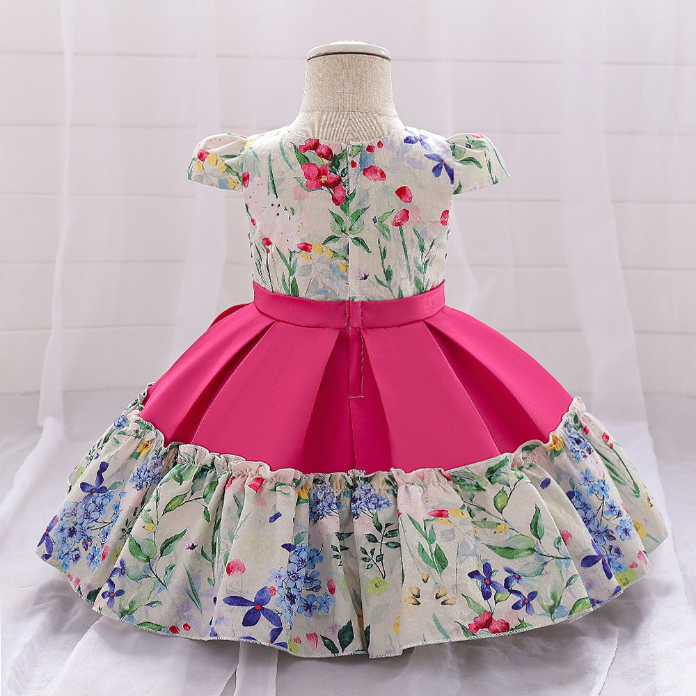 Cute Rose Red Floral Bow Baby Girl Party Dress | 9-24 Months